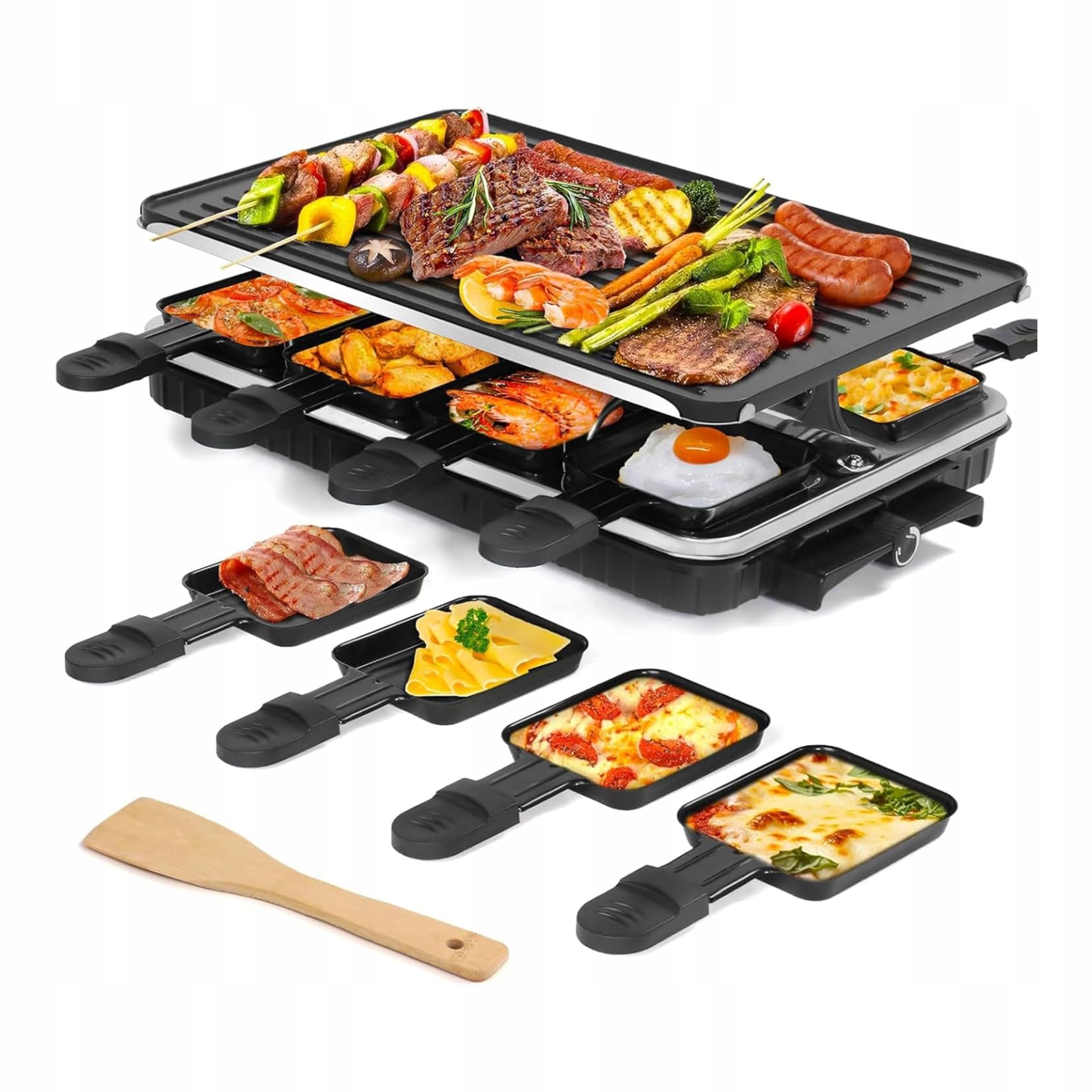 Elektrický stolový gril raclette 1300 W, grilovacia doska 8 panvíc, čierny