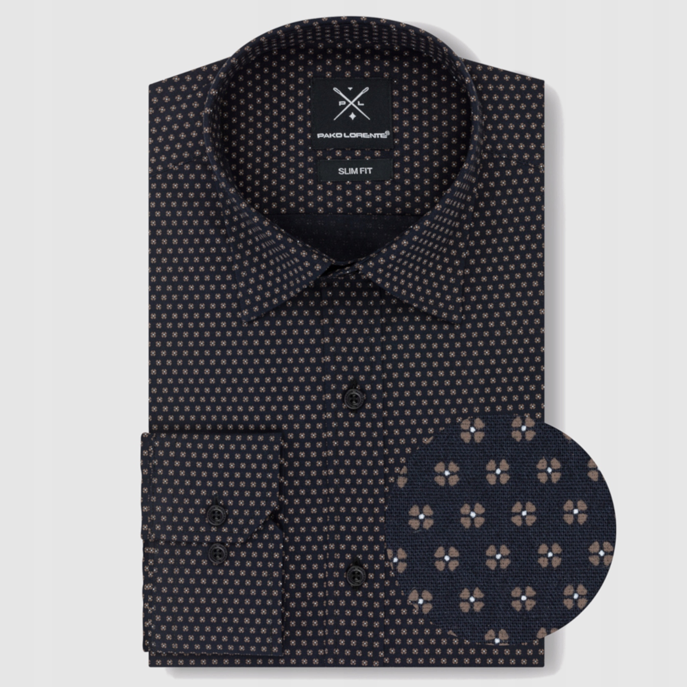 Czarna koszula męska w brązowy mikrowzór z bawełną Slim Fit Pako Lorente XL