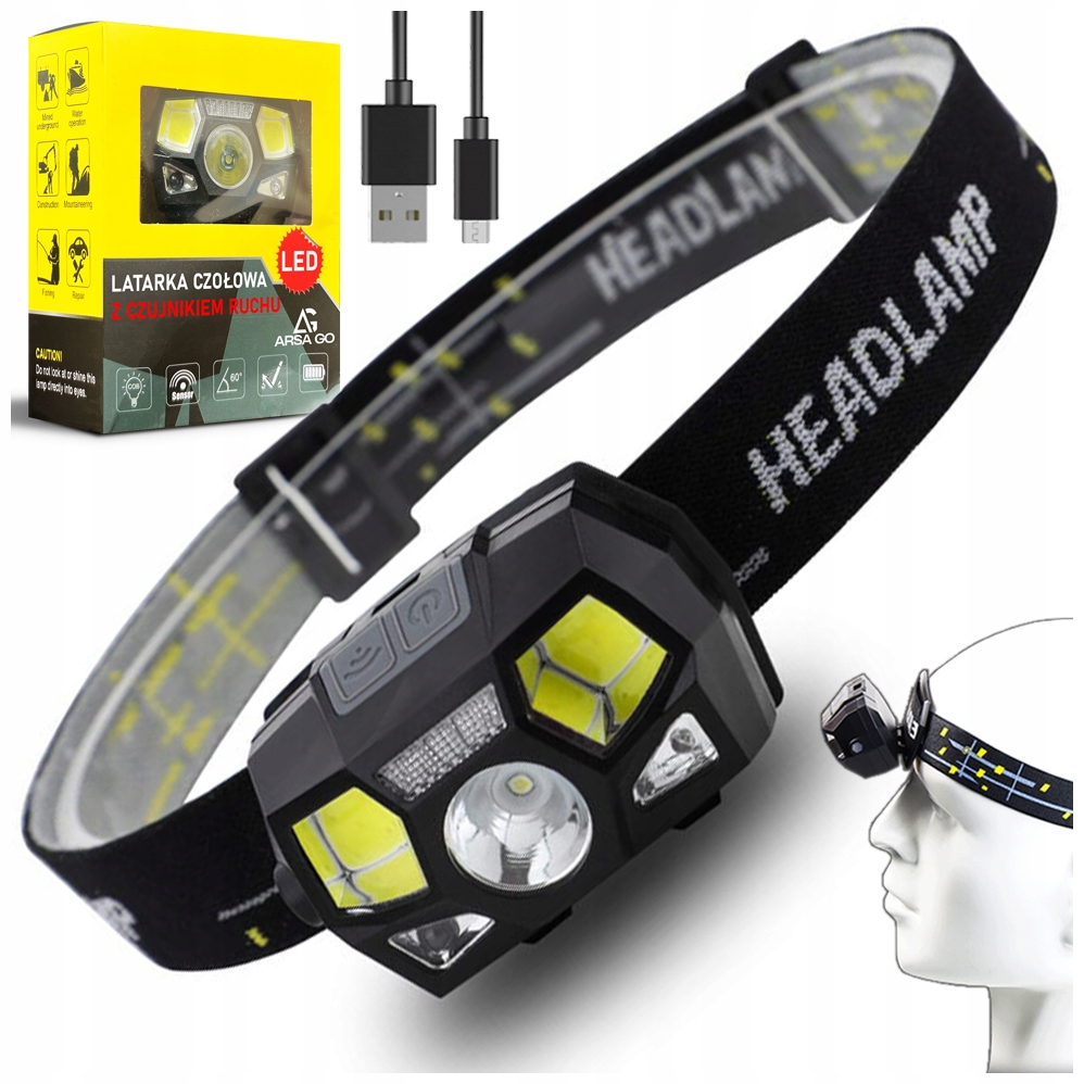 LATARKA CZOŁOWA AKUMULATOROWA LED CZOŁÓWKA LAMPKA NA GŁOWĘ CZUJNIK RUCHU