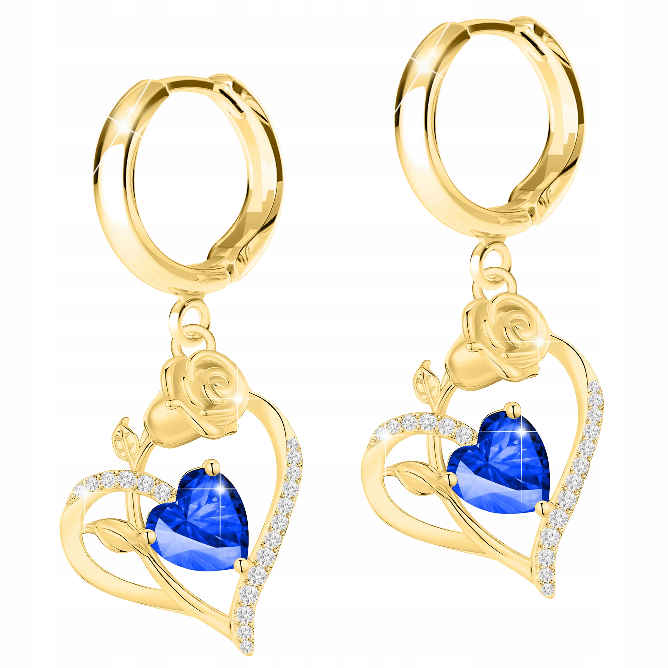 Zlaté Náušnice Modré Srdce s Růžemi Květiny Srdce Růže Stříbro 925