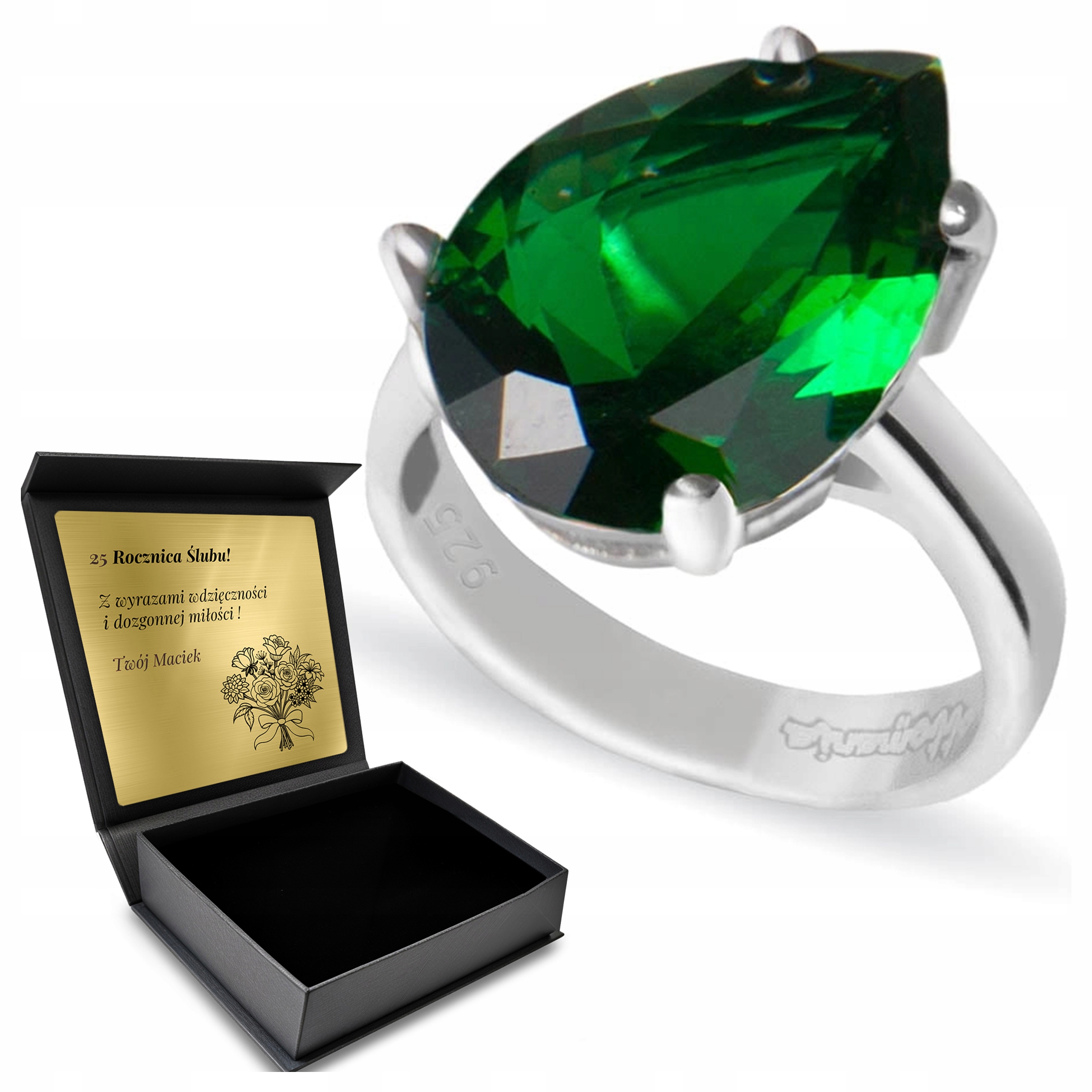 Prstýnek Šerbny 925 Se Smaragdem, Šperky Pro Ženy Gravírování