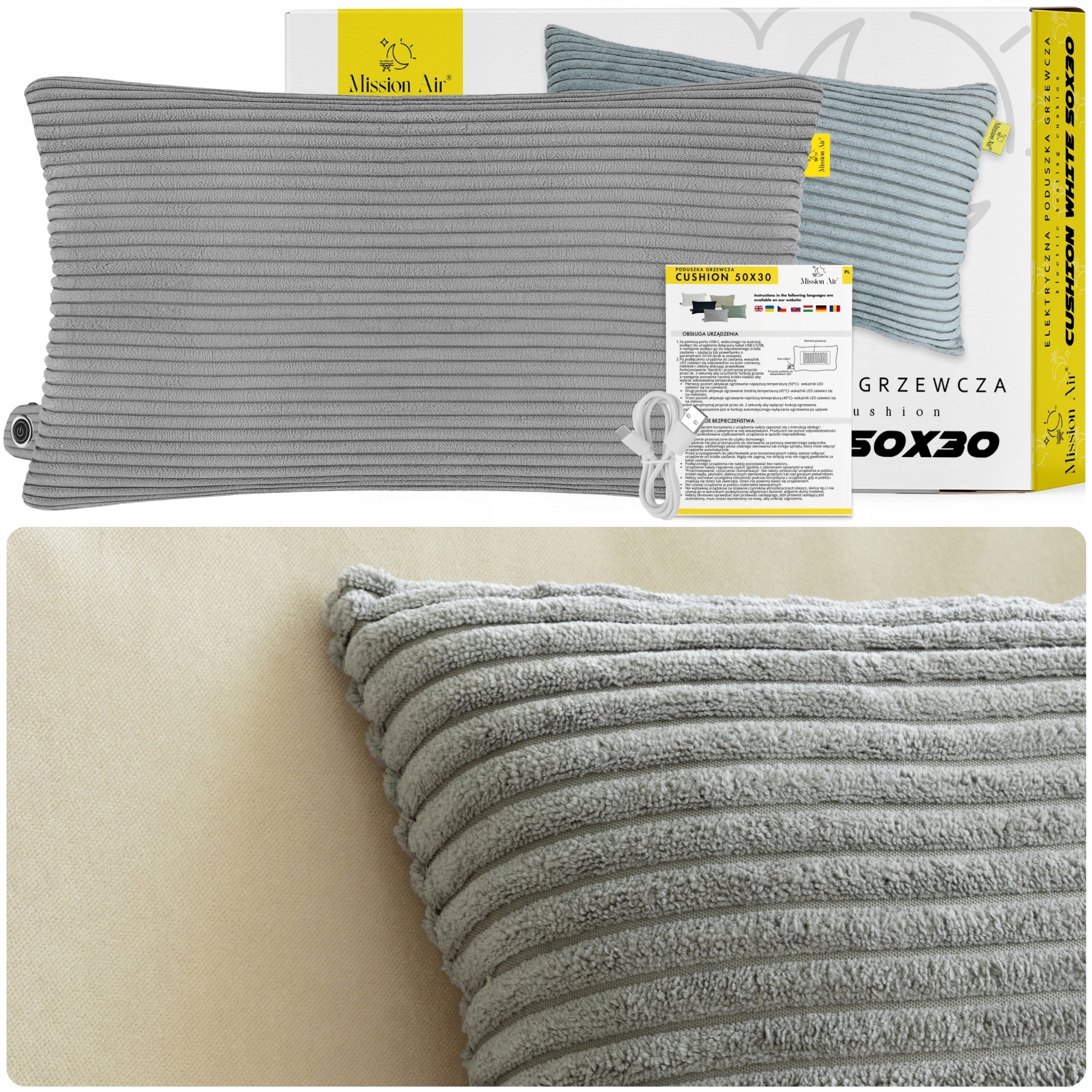 Poduszka Elektryczna rozgrzewająca Grzewcza 50X30cm Usb-c 3 poziomy grzania