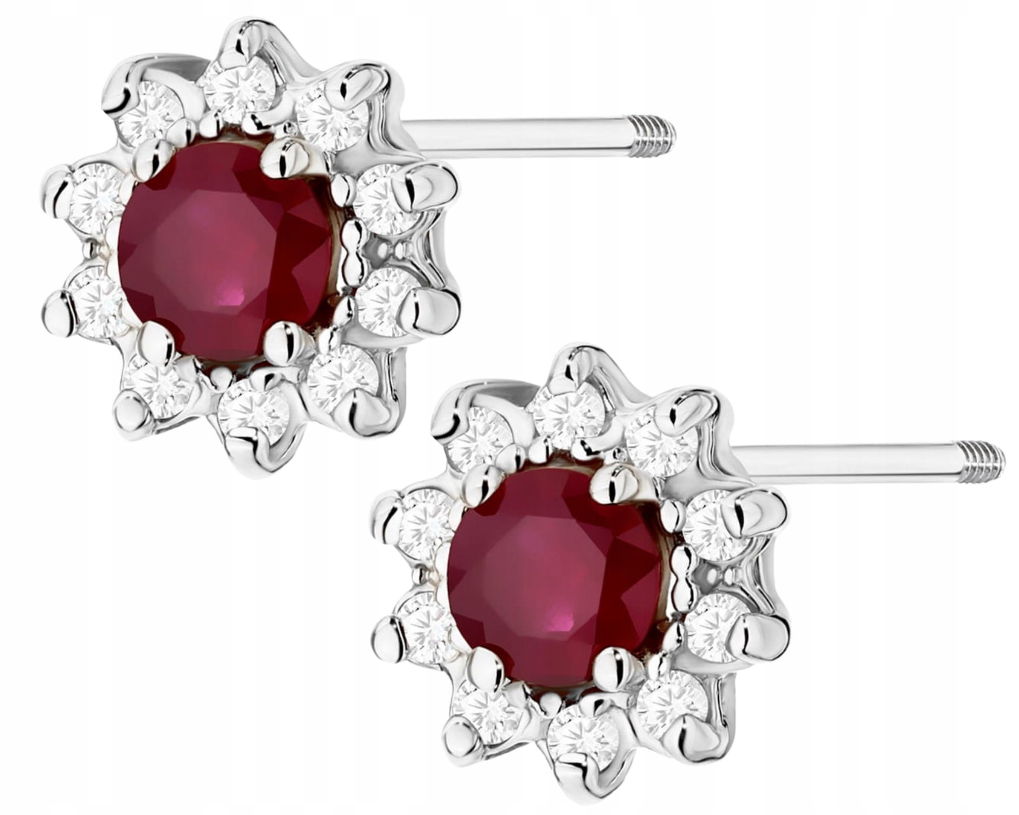 Náušnice Z Bílého Zlata S Rubínem A Brilianty, Šroubovací Tyčinka
