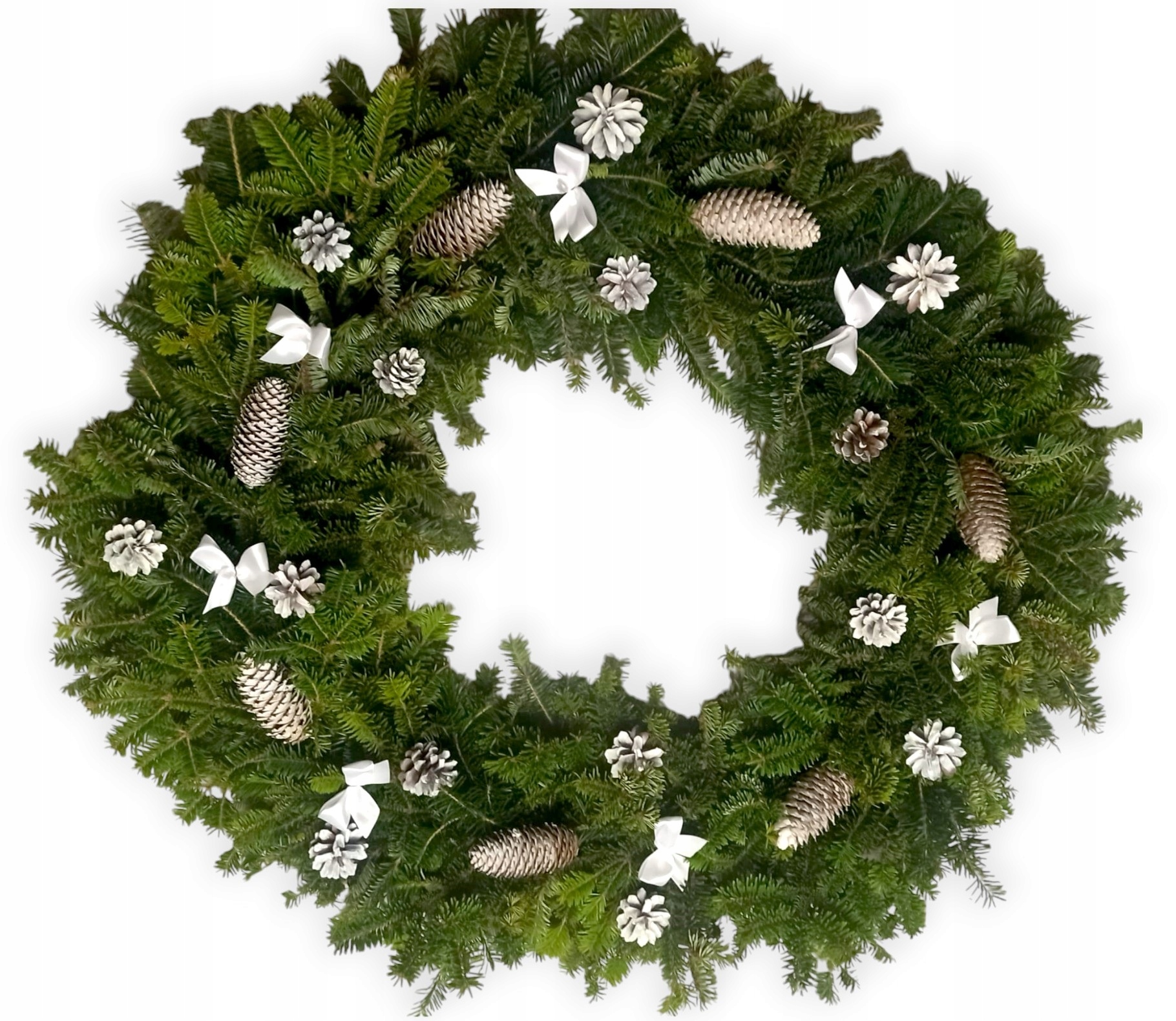 Dekorace, věnec, živý s bílými šiškami, na hrob, Vánoce 70 cm