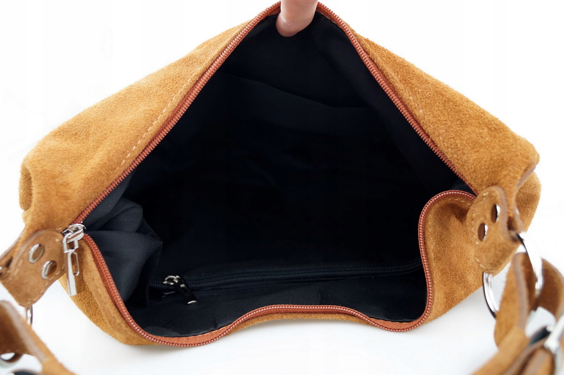 VERA PELLE torebka damska zamszowa worek z suwakami i paskiem BORDOWA Płeć kobieta