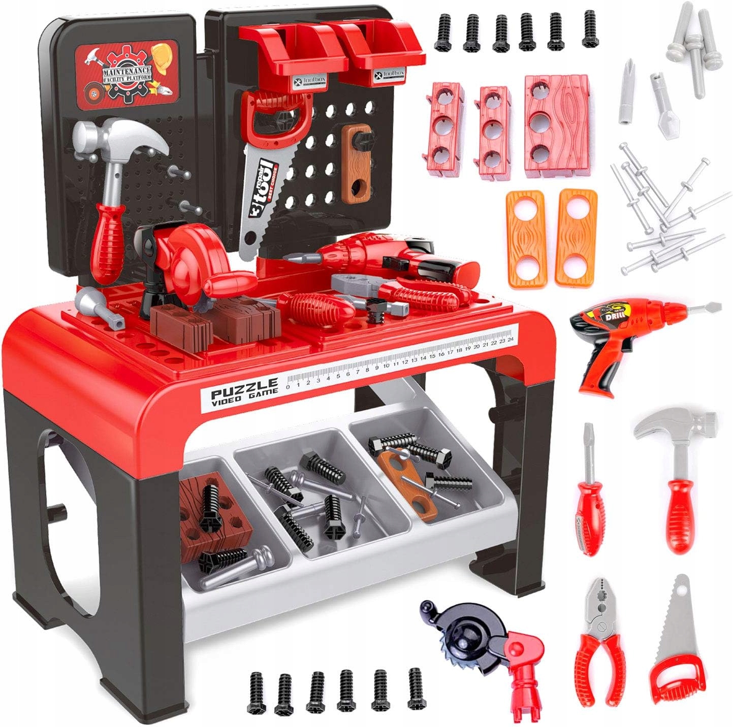 DUŻY WARSZTAT dla DZIECI 45 elementów STOLIK PIŁA x2 WIERTARKA MŁOTEK ++