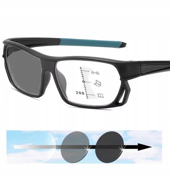 Okulary progresywne fotochromowe sport błękitno-czarne Dal: zero, Bliż +2