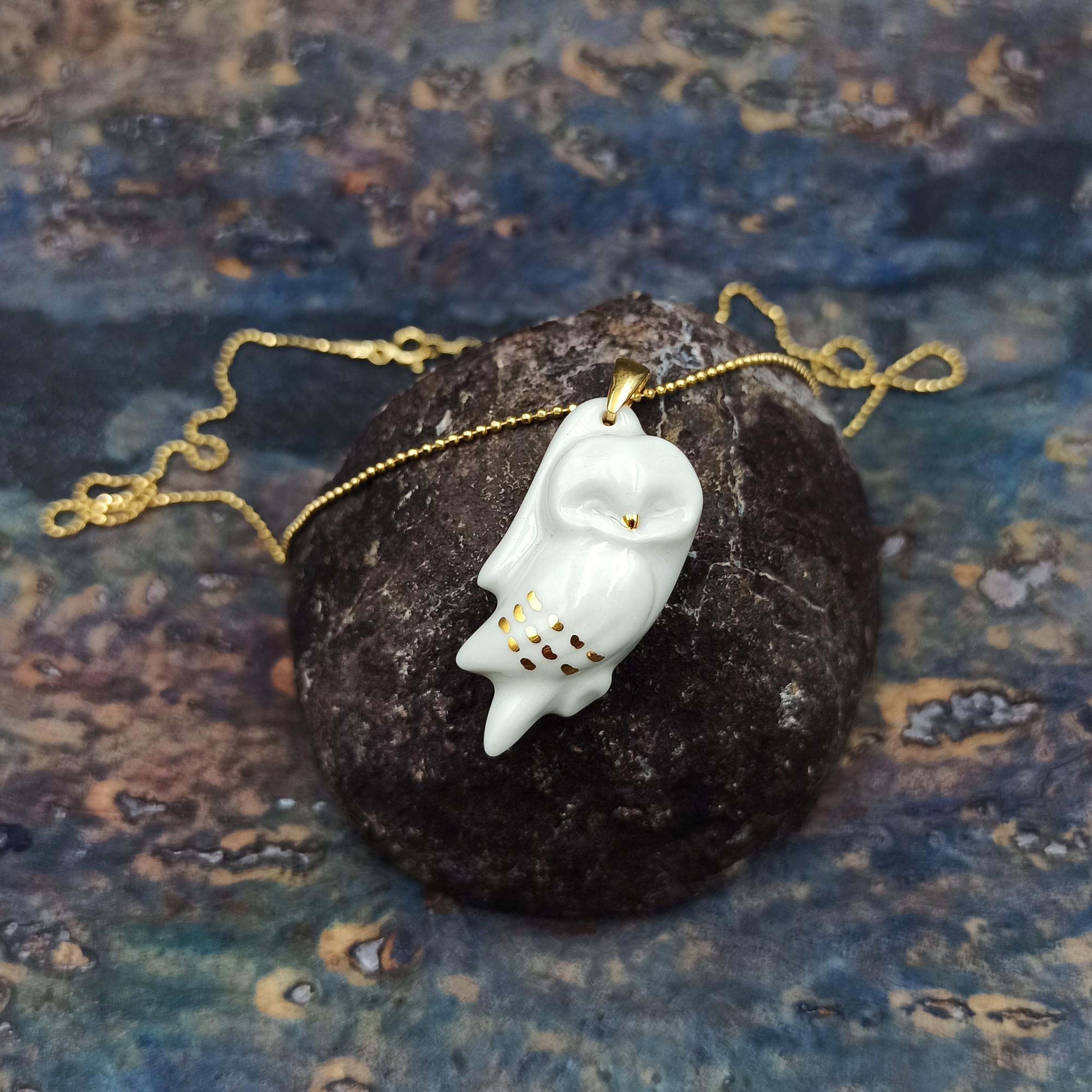 Zlatá sova, porcelán Ag 925, elegantní náhrdelník Slavic Porcelain, ptáček