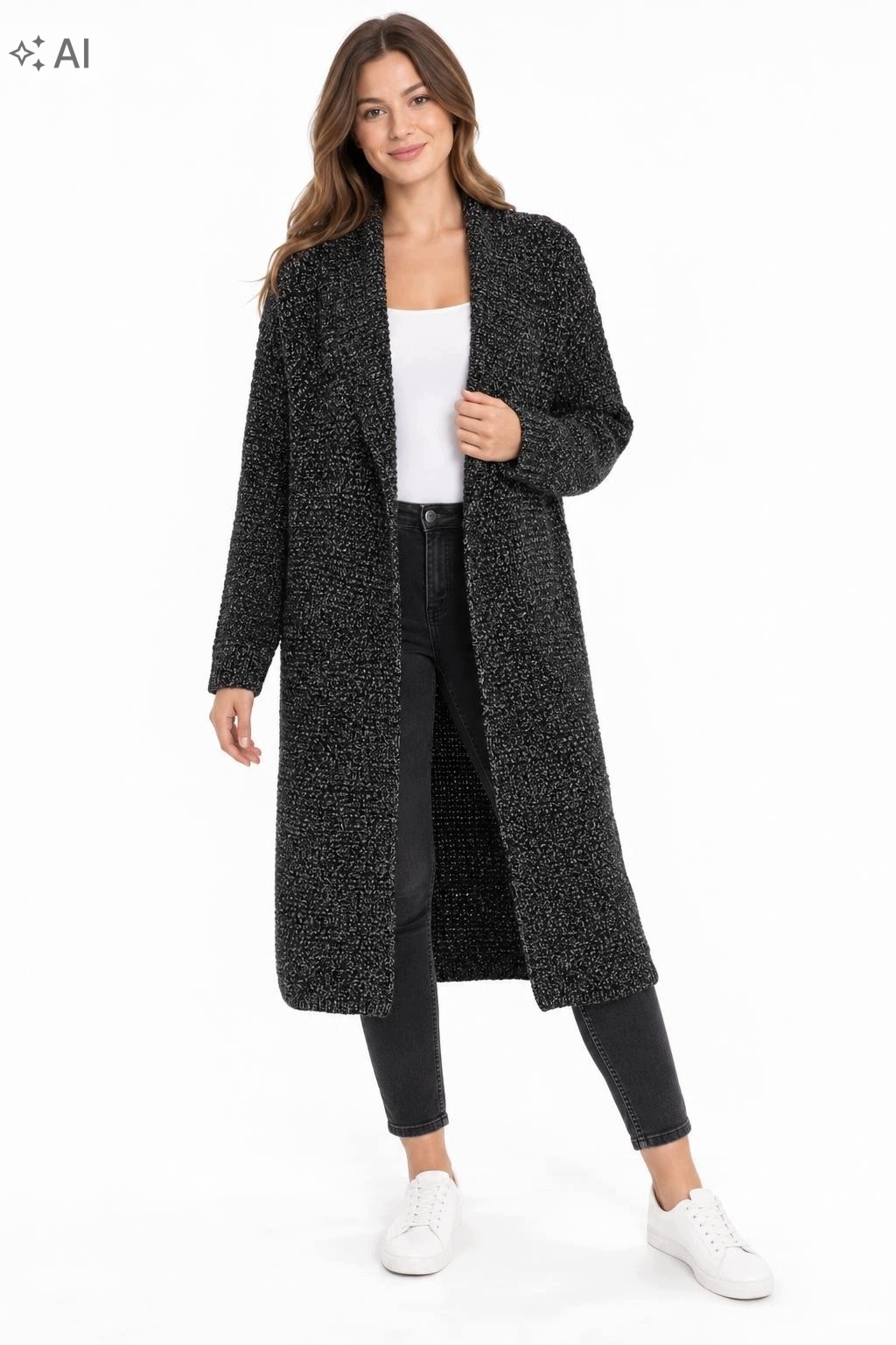 Faina Černý Dámský Dlouhý Kardigan S Dlouhým Rukávem XL/XXL Jgh