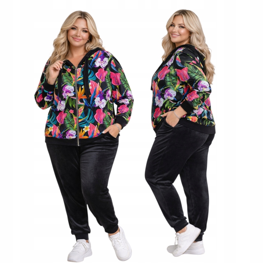 Welurowy Dres Damski Rozpinany Kwiat 54 56 7xl 8xl czarny otulający