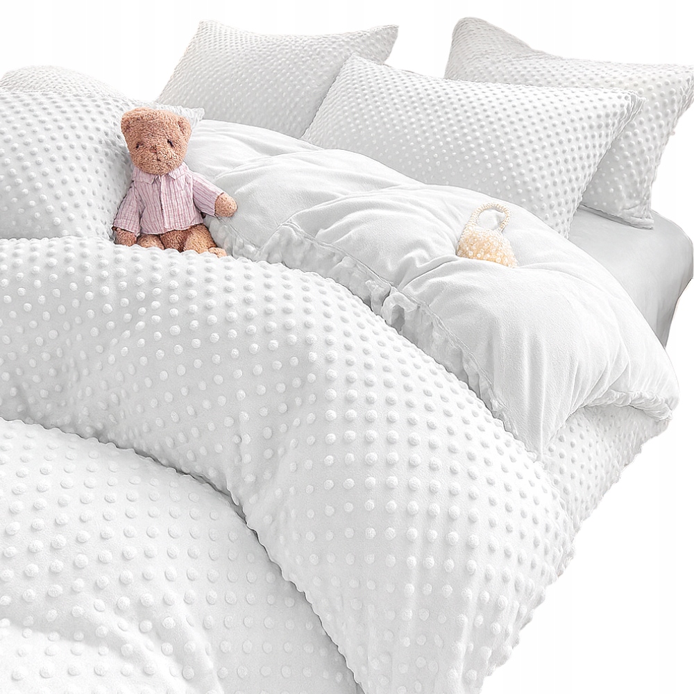 Pościel 140x200 pluszowa polarowa Minky miś kropki 3D zimowa ciepła biała
