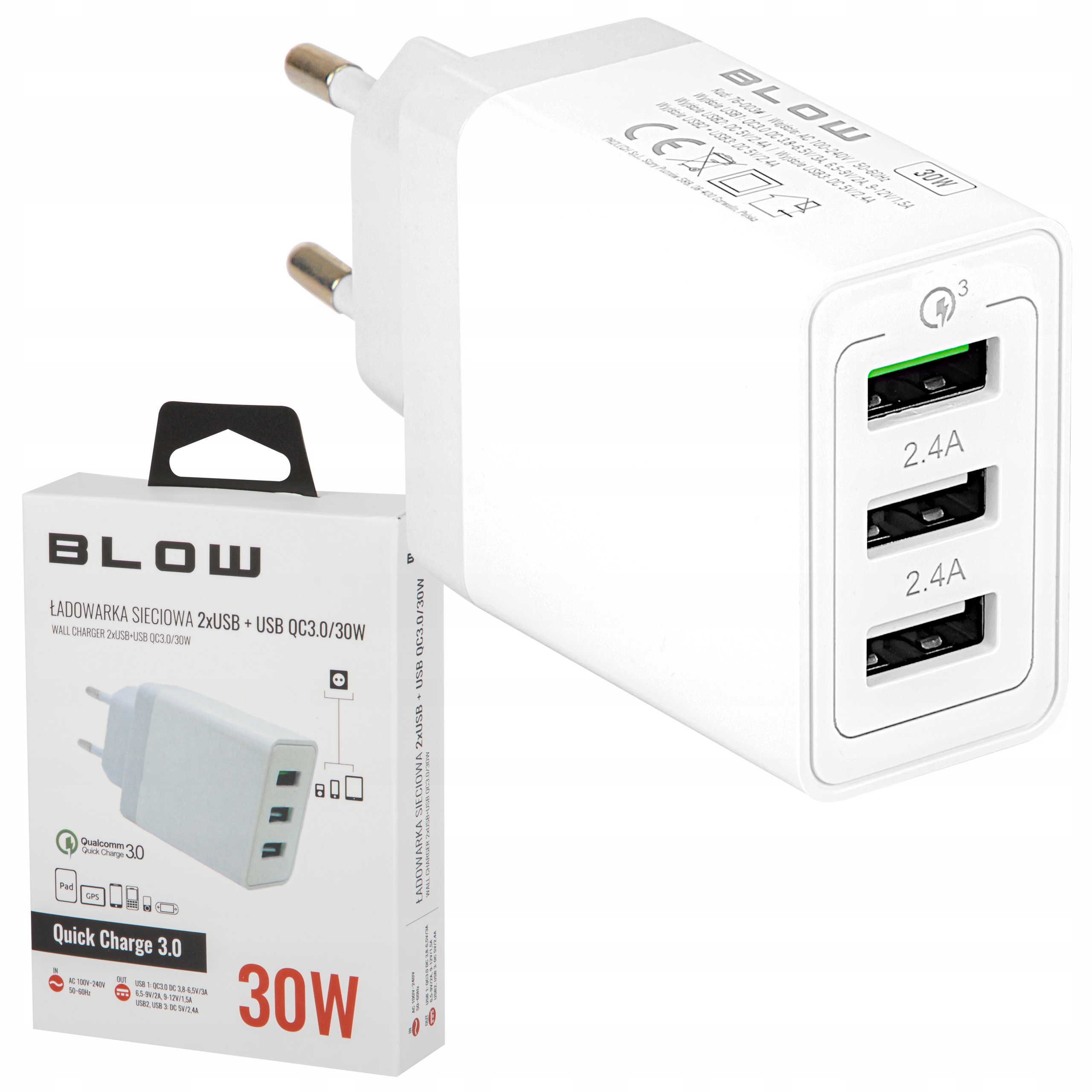 SZYBKA ŁADOWARKA SIECIOWA DO TELEFONU 3xUSB QUICK CHARGE QC 3.0 30W 5V 2,4A