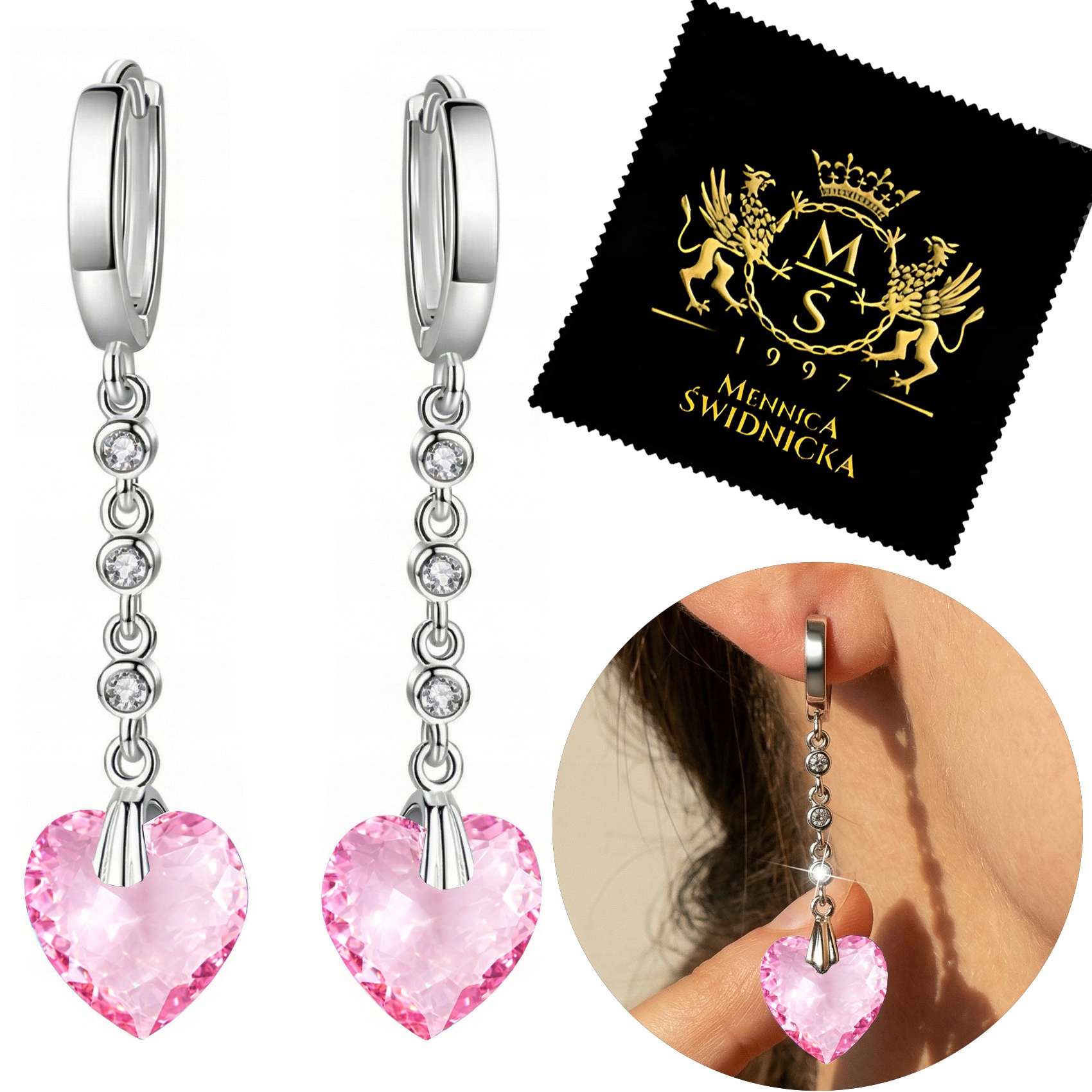 Dlouhé Náušnice Stříbro 925 Srdce Závěsné Zirkony Srdce Anglické zapínání