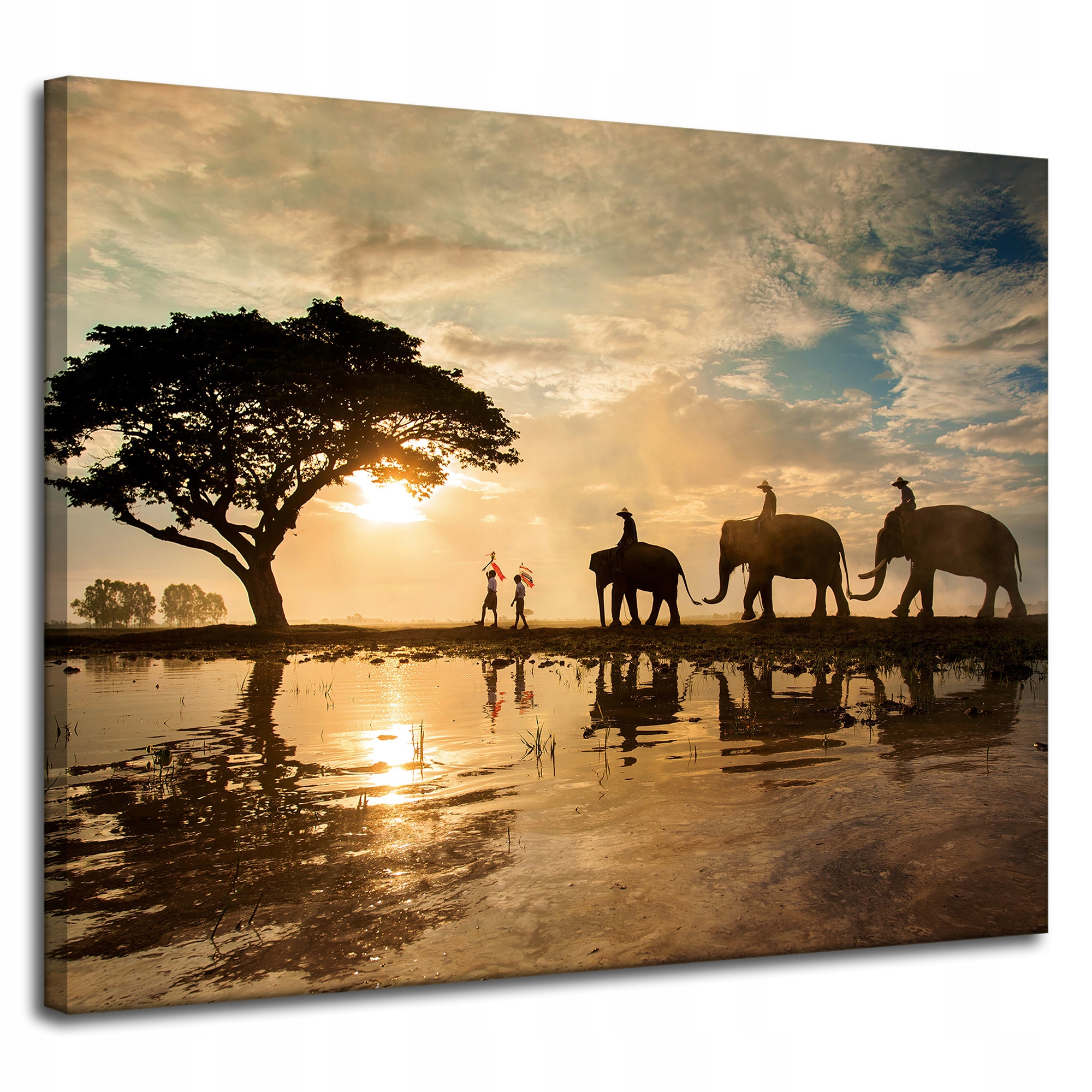 Obraz na plátně Lidé na slonech Západ slunce Afrika Savana 100x80 cm
