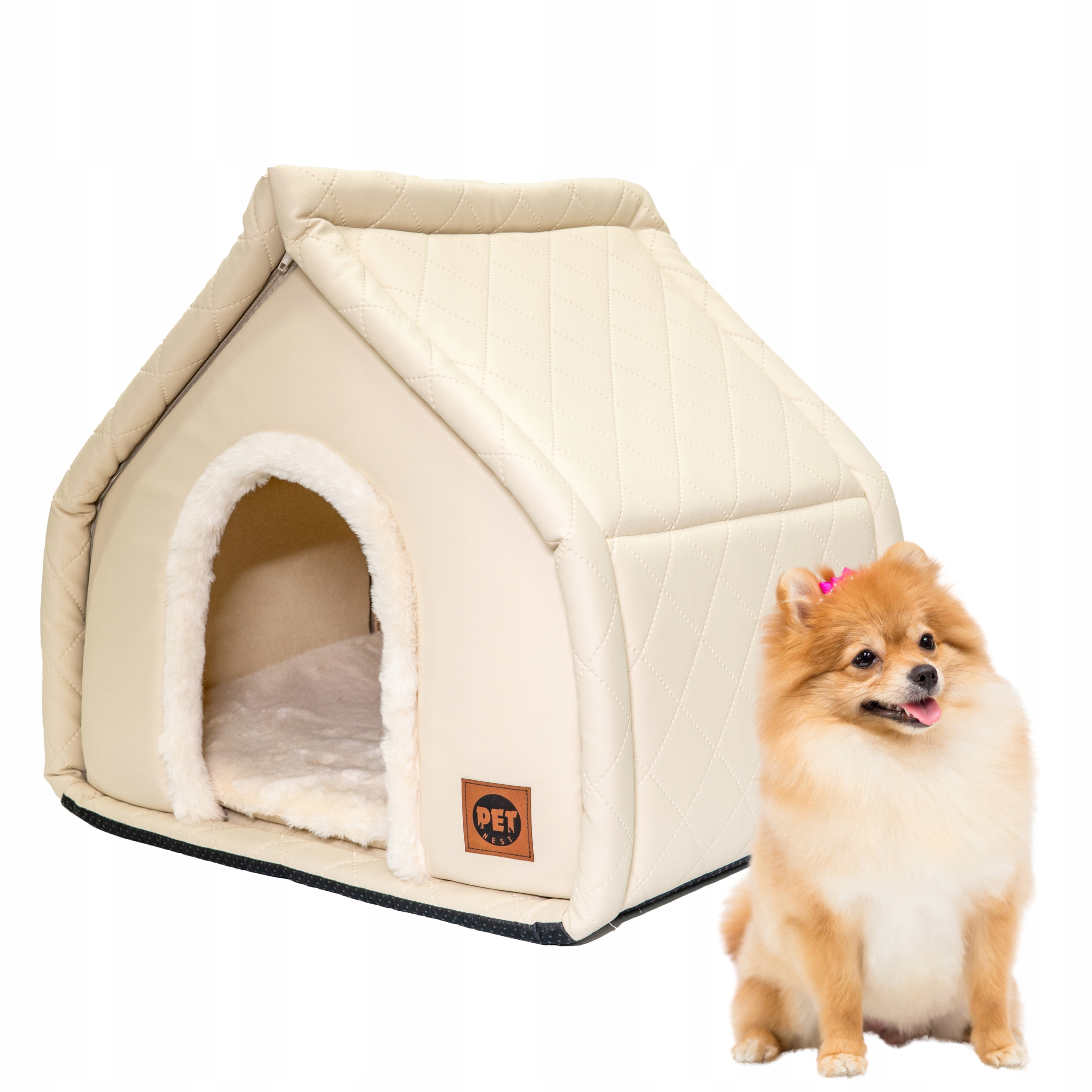 Levně Skládací budka Domeček Pelíšek 2v1 pro psa kočku 52x42 cm Béžová s kožešinou