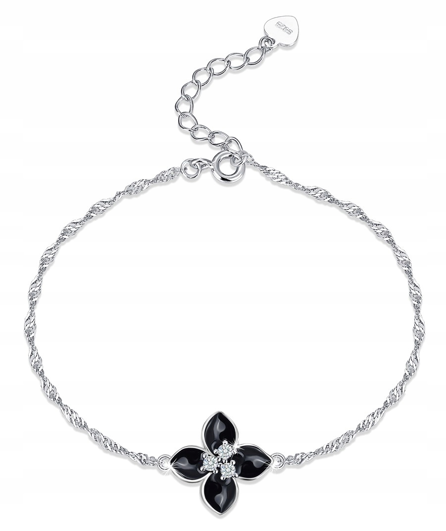 Bransoletka Srebrna 925 Damska Czarny Kwiat Celebrytka Rodowana