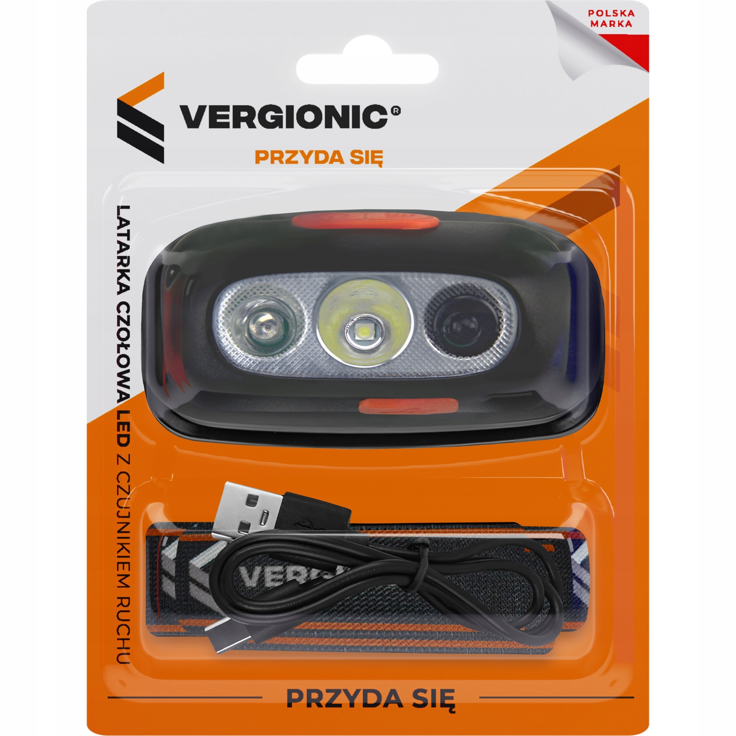 VERGIONIC LED Čelovka s USB pohybovým senzorem, vodotěsná Barva černá