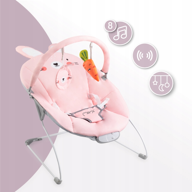 LEŻACZEK DLA NIEMOWLĄT - MoMi GLOSSY RÓŻOWY - ZABAWKI MELODIE WIBRACJE Waga dziecka 0 - 9 kg