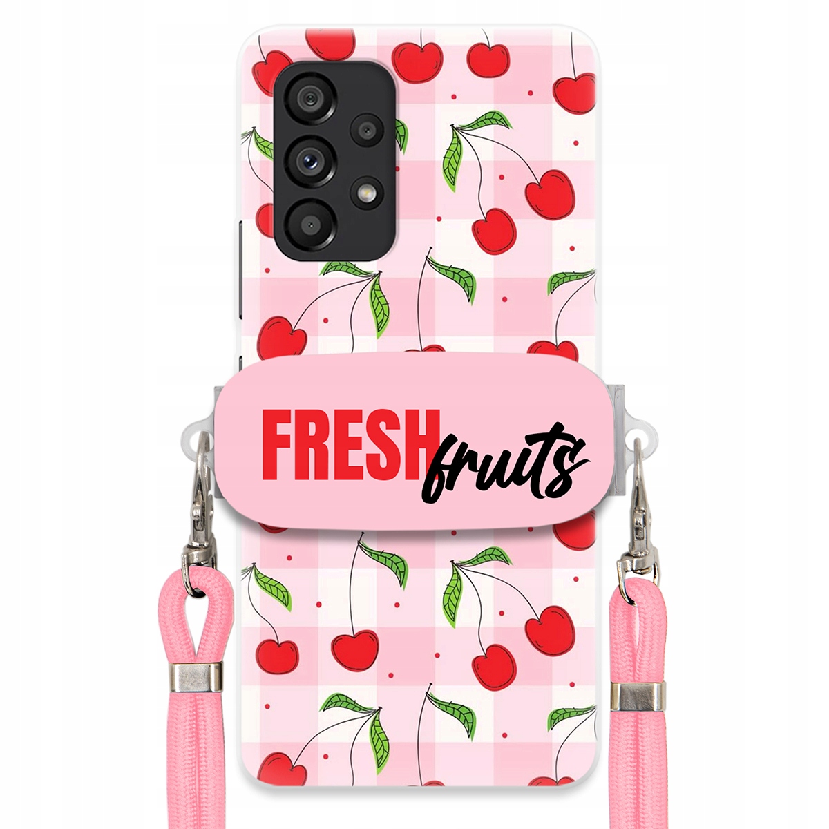 Puzdro pre Samsung M53 5G Case držiak na šnúrku Ružový Fresh Fruits Mriežka