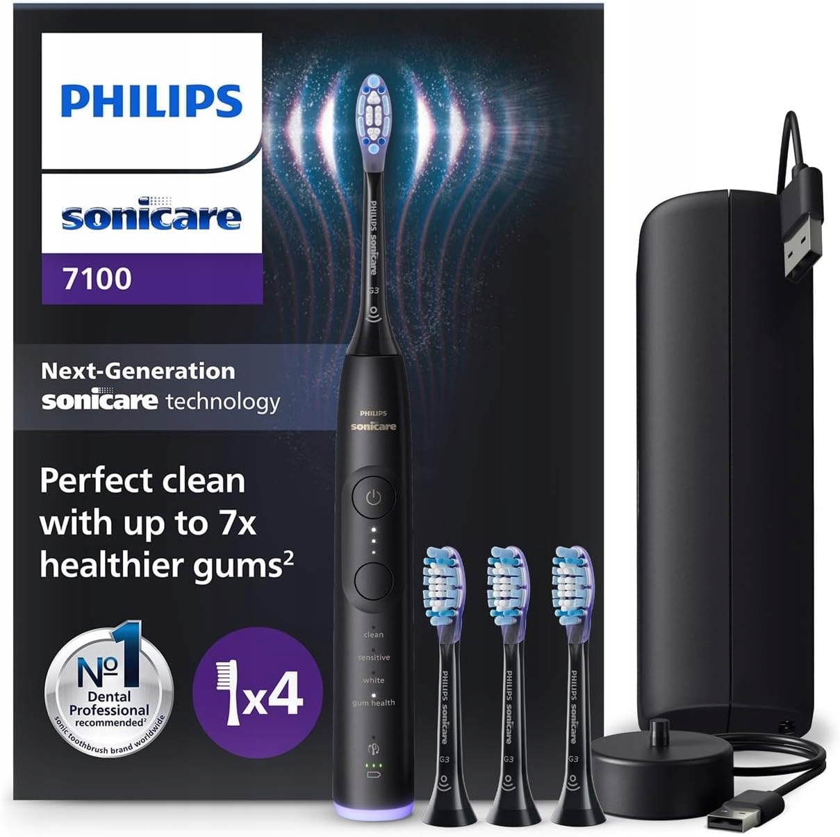 Philips Sonicare 7100 HX7421/08 Szczoteczka Soniczna 4 Końcówki Czarna