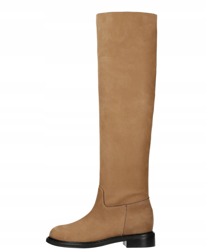 L37 Kozačky Mušketýrky Béžové Z Přírodní Kůže, Plochý Podpatek 35 J0E