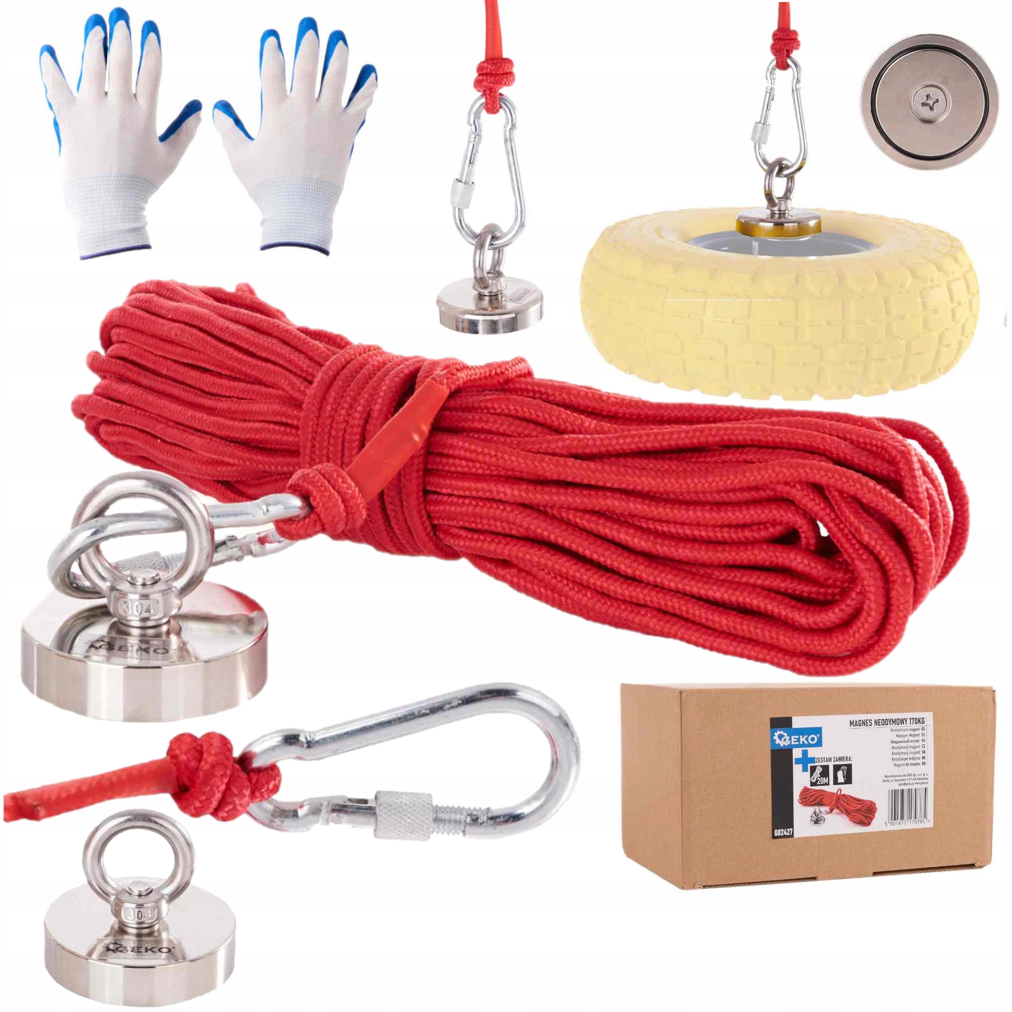 Magnet neodymový 170 kg z nerezové oceli Silný 20 m lanko rukavice Geko