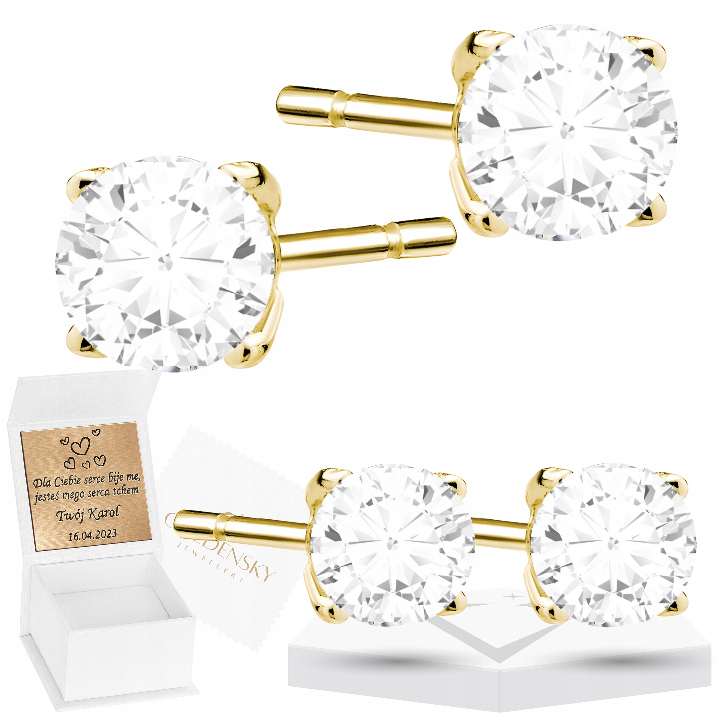 Złote kolczyki 925 Biała Cyrkonia 6mm Grawer Dedykacja