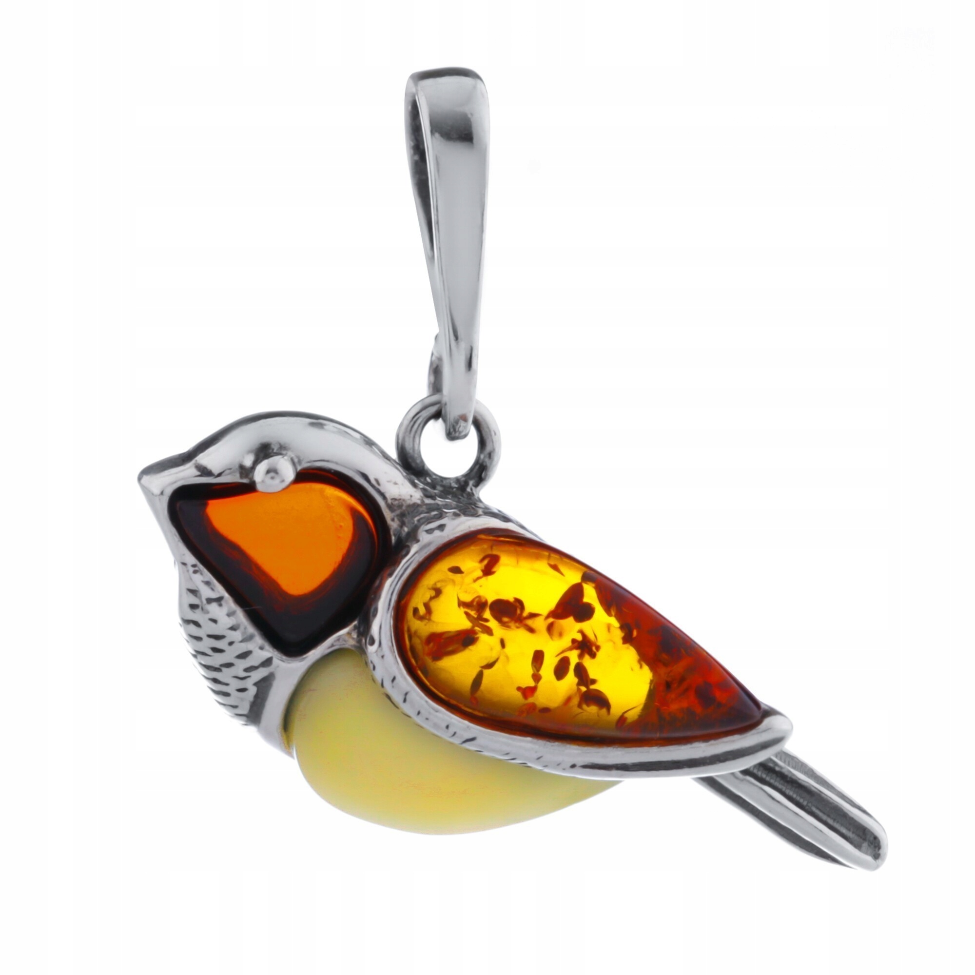 SREBRNY WISIOREK WRÓBEL Z BURSZTYNEM