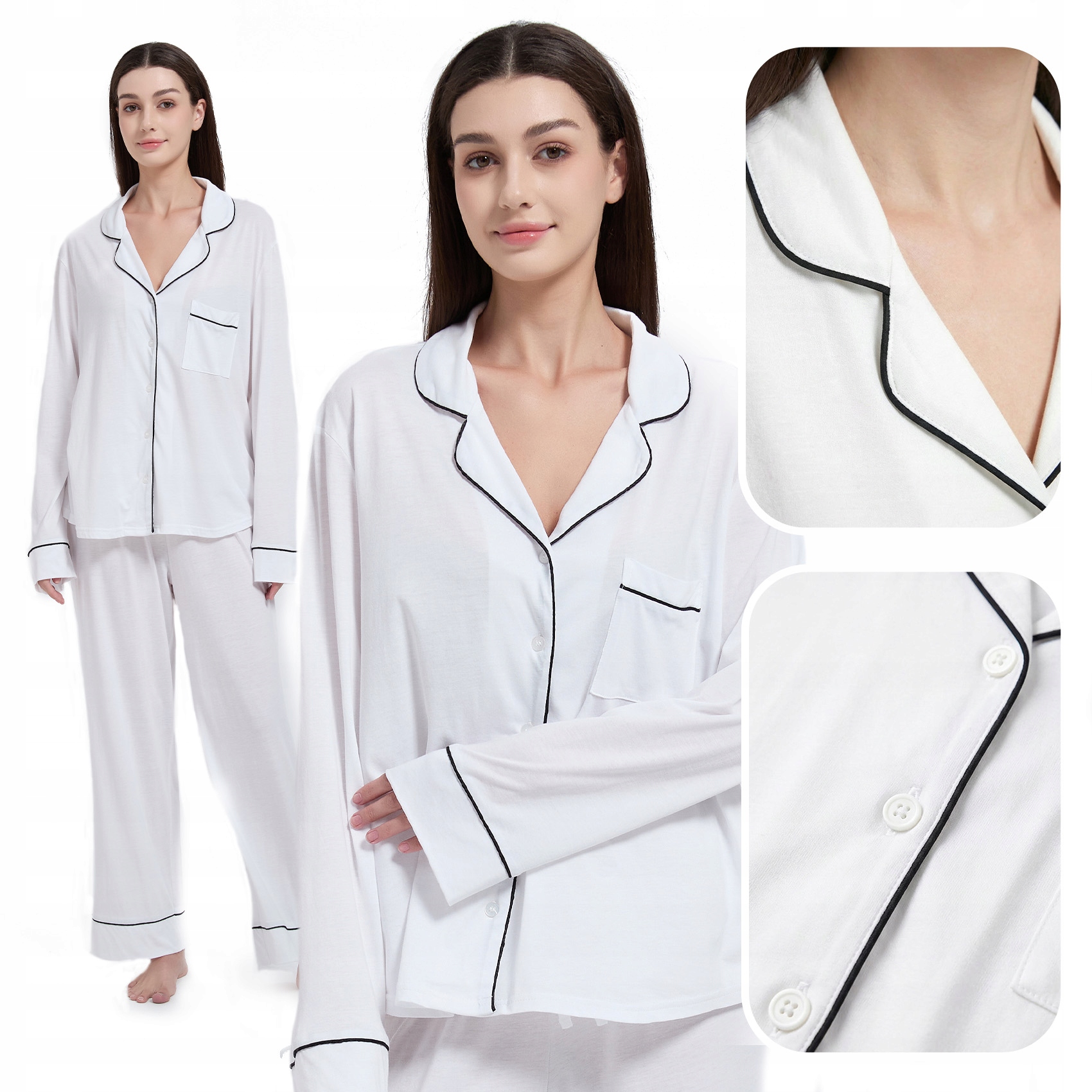 Elegantní Dámské Pyžamo S Dvojdílným Převlekem, Oblečení Bílé S Černou Bizou M