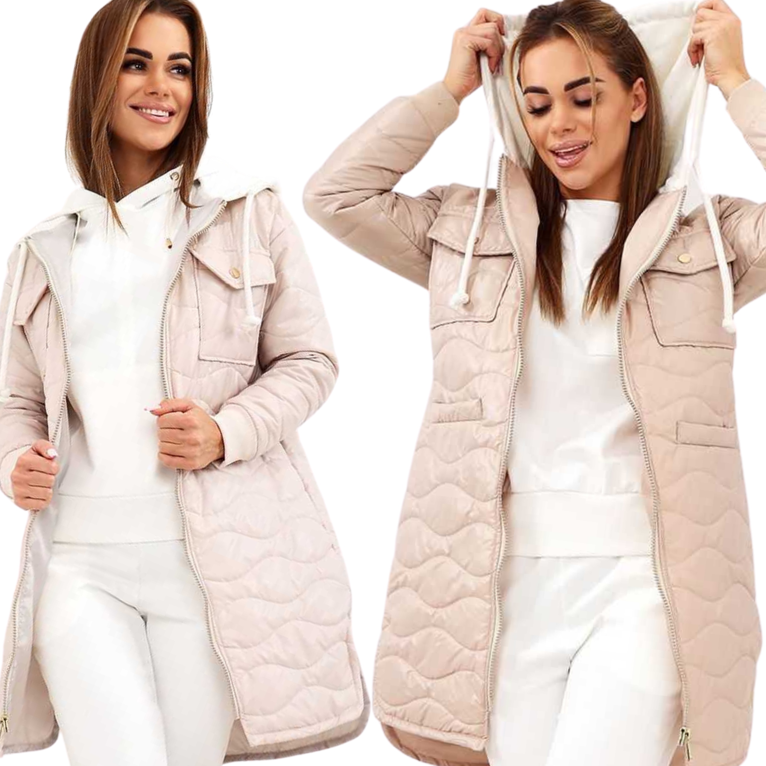 Kurtka Damska Płaszcz Parka Kaptur Przejściowa Luźna Polska 40 L Beżow 3153