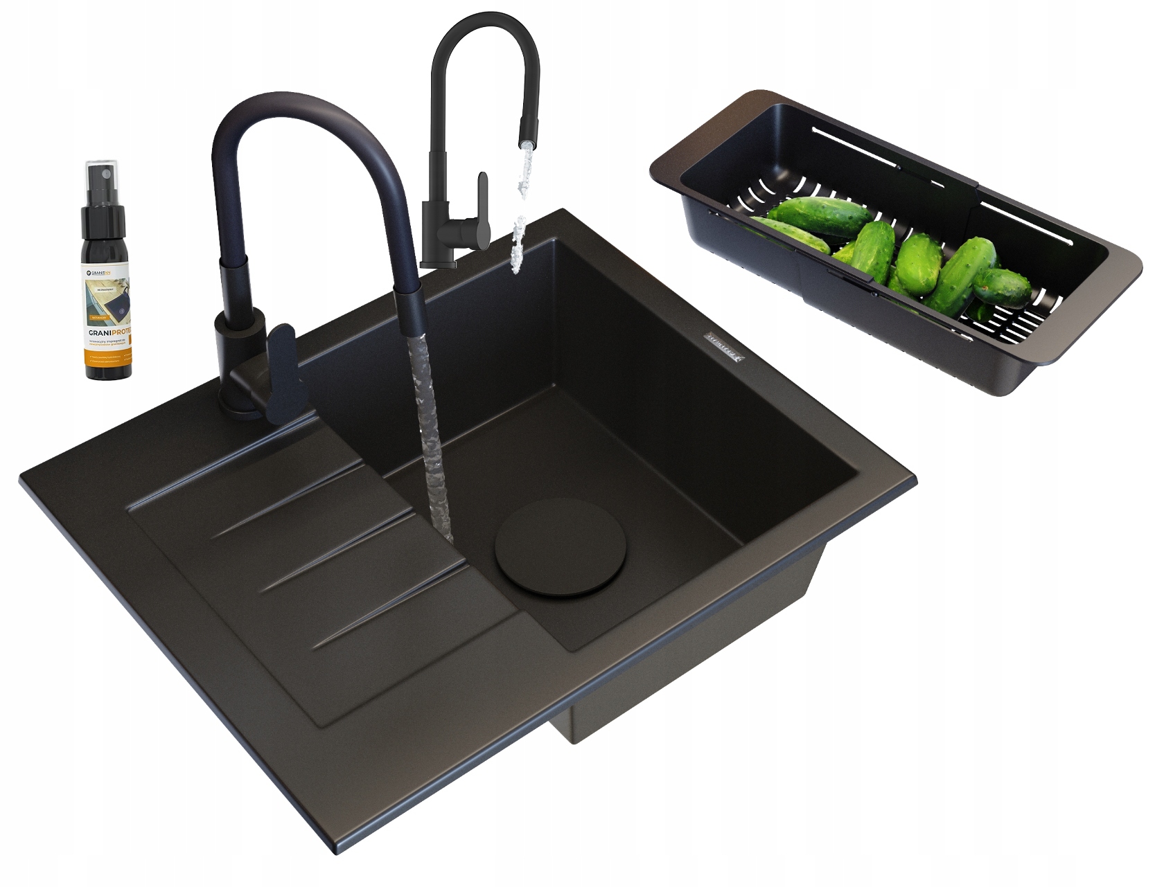Granitový Drez Čierny, Sada Milano Kuchynská Batéria, Košík, Krytka