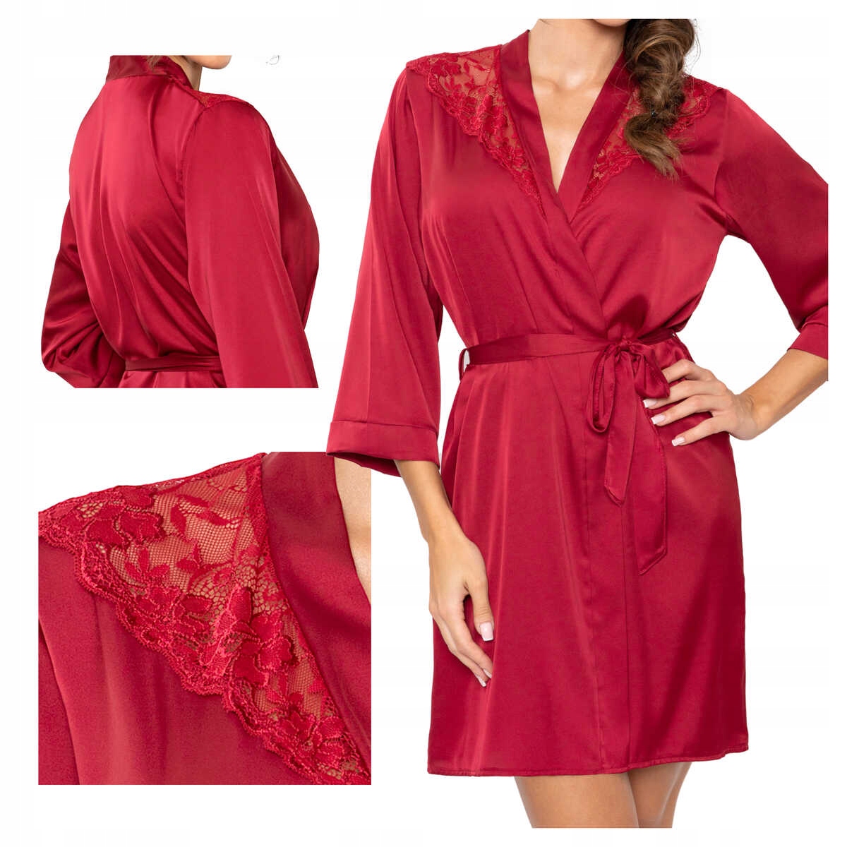 Donna Dámský saténový župan s krajkou 3/4 rukáv Mari bordový 2XL