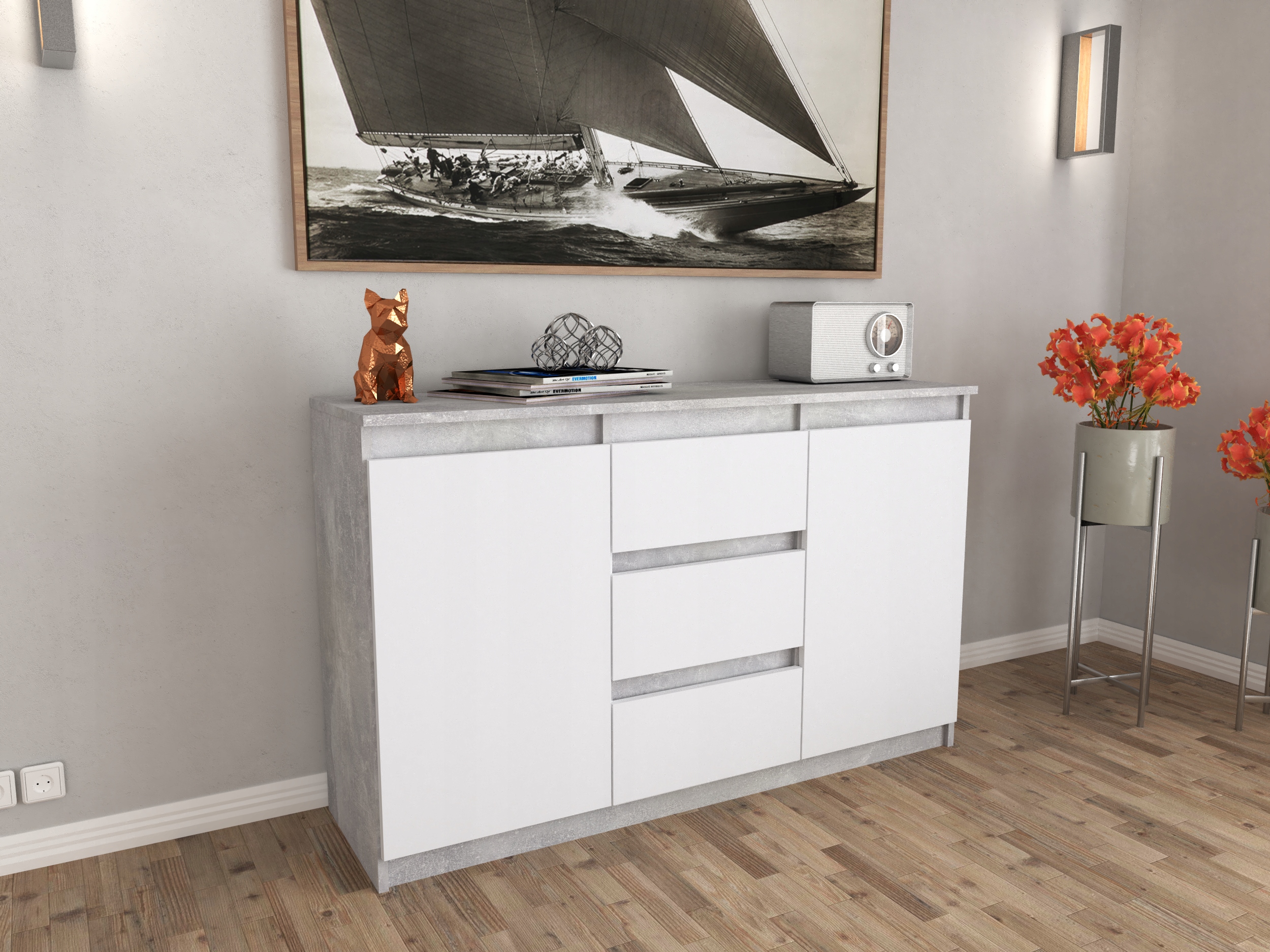 Komoda AGA 120CM BETON/BIAŁY MAT Pojemna Szafka 3 Szuflady MIX KOLORÓW Marka AZ team