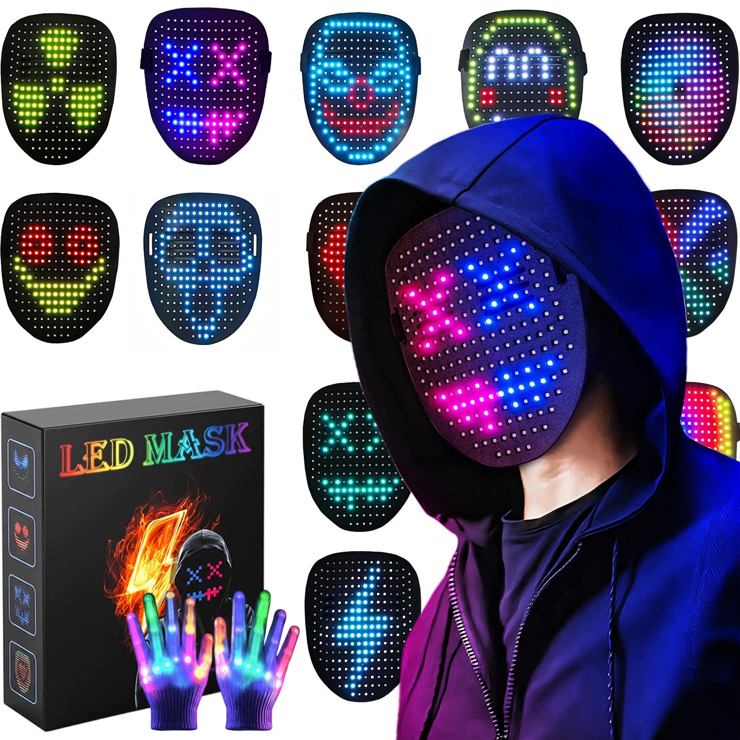 Ledová Maska Na Halloween, Ledová Maska Se Senzorem Gest, 50 Vzorů Pro Unisex