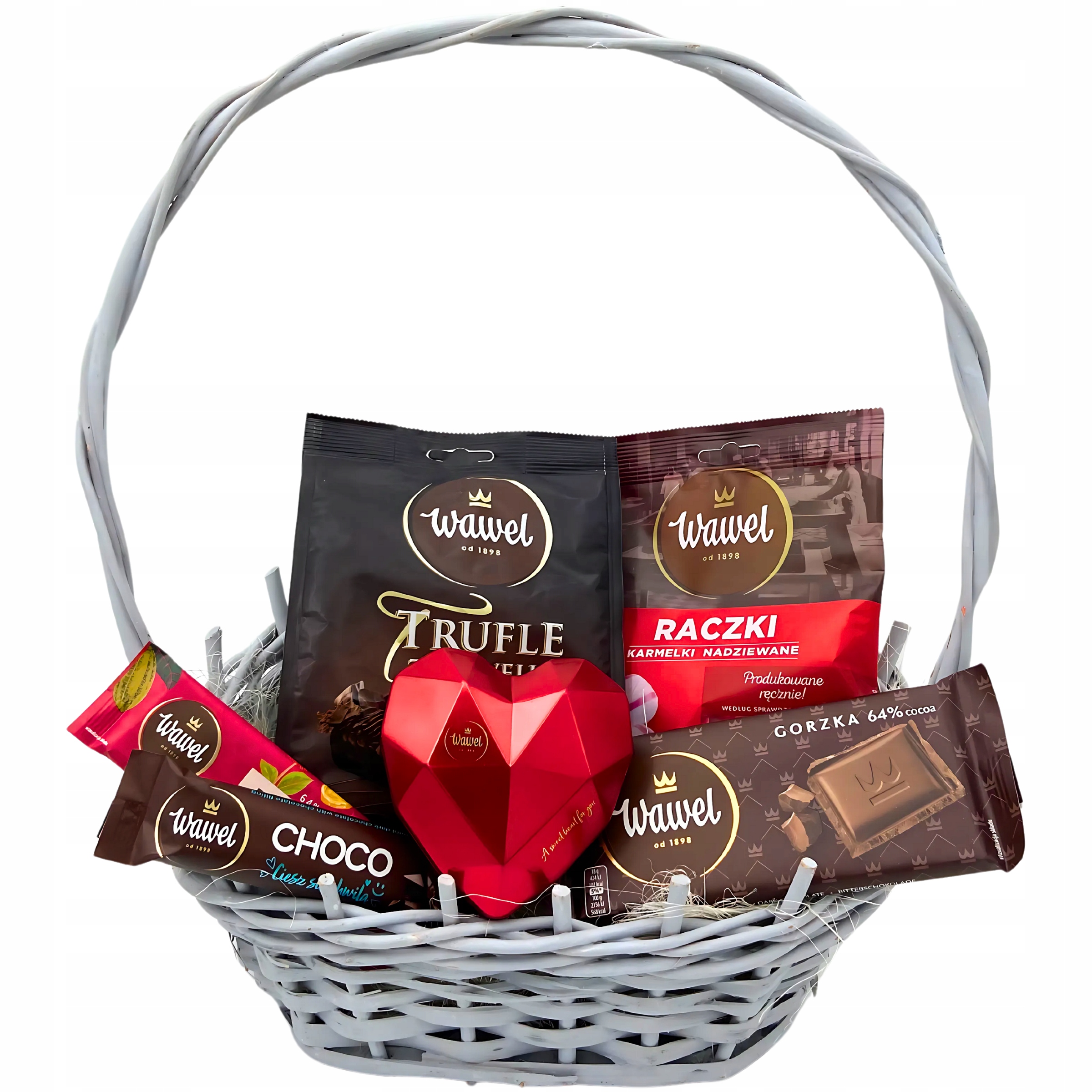 Kosz Prezentowy Zestaw Słodyczy Czekolada Trufle Karmelki Cukierki Wawel