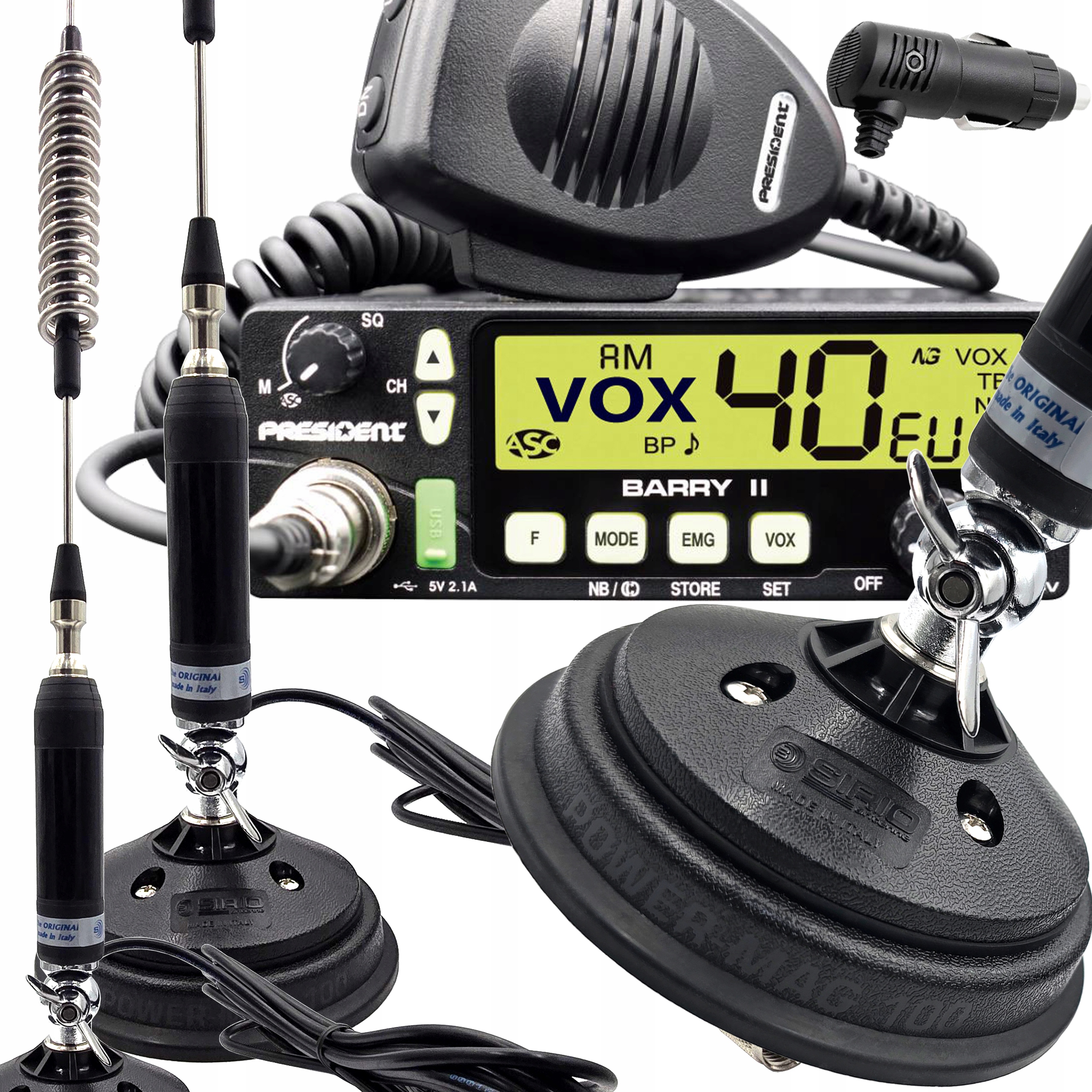 Cb sada President Barry II Asc 12/24V Vox anténa 82 cm Sirio magnet PM100