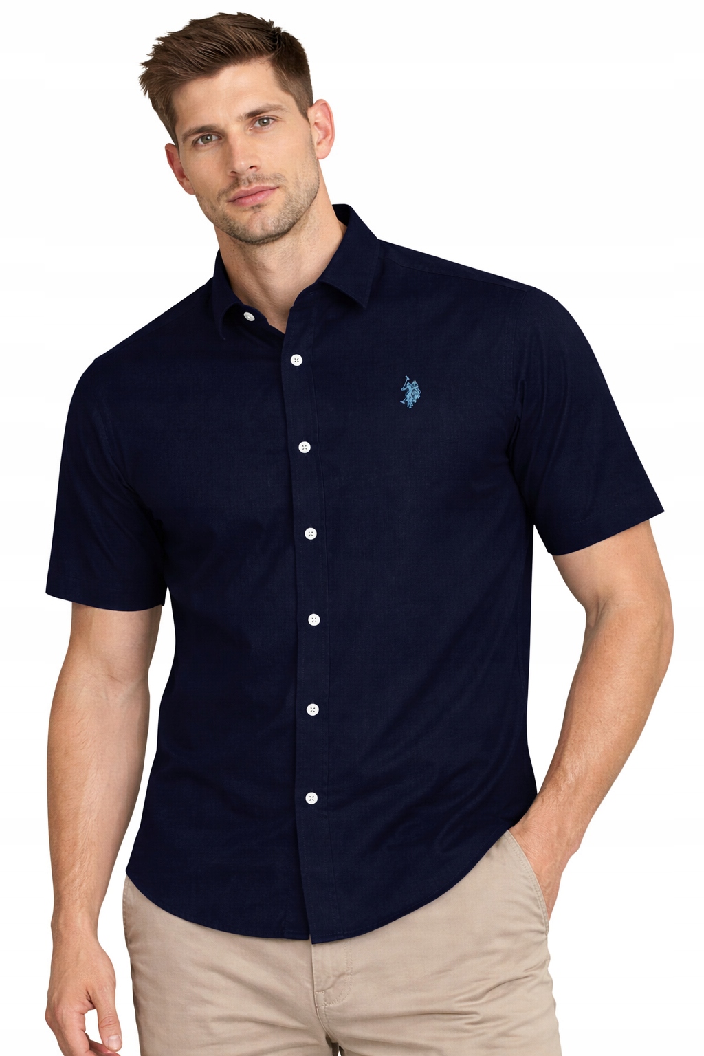 U.s. Polo Assn. Pánská Košile MUP3254-H03 krátký rukáv, tmavě modrá lněná barva