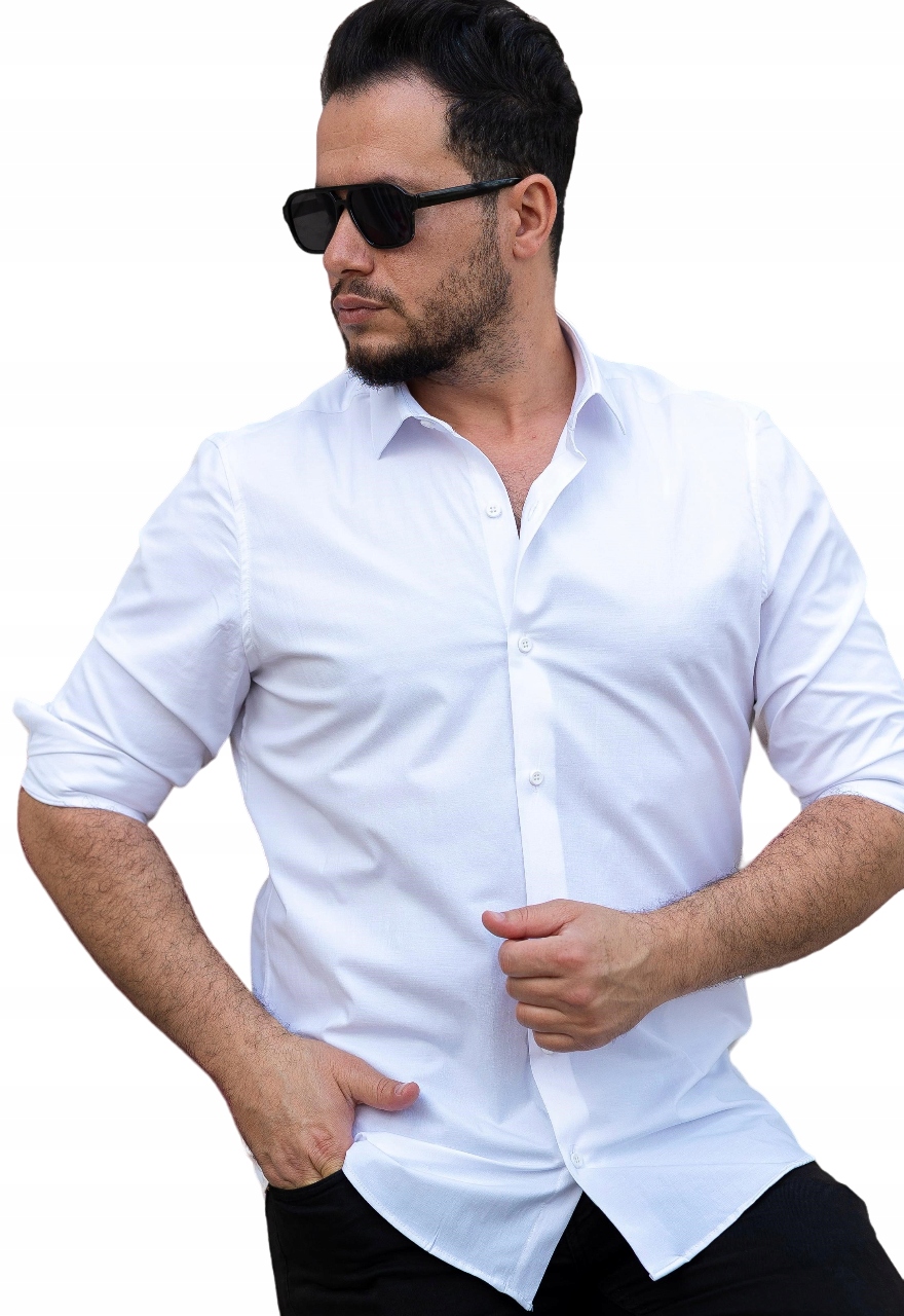 Elegantní Klasická Pánská Košile Hladká Bílá L