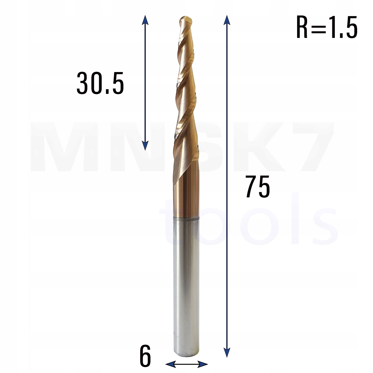 Frez stożkowy kulowy 3D 6 x 30.5 x 75 R1.5 HRC55 3.04°
