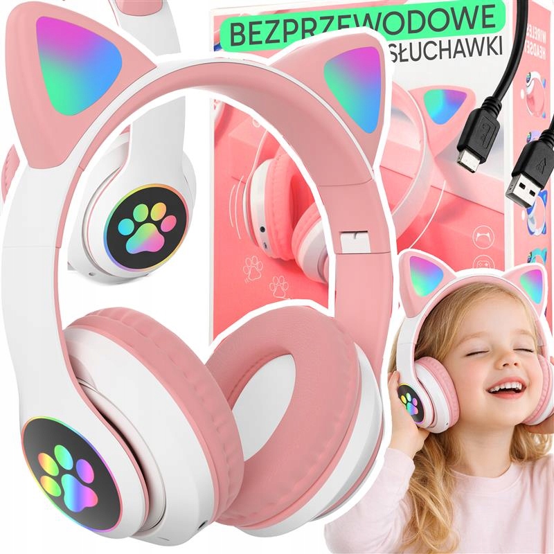 Słuchawki Bezprzewodowe Nauszne Kocie Uszy Dla Dzieci Bluetooth Rgb Muzyka