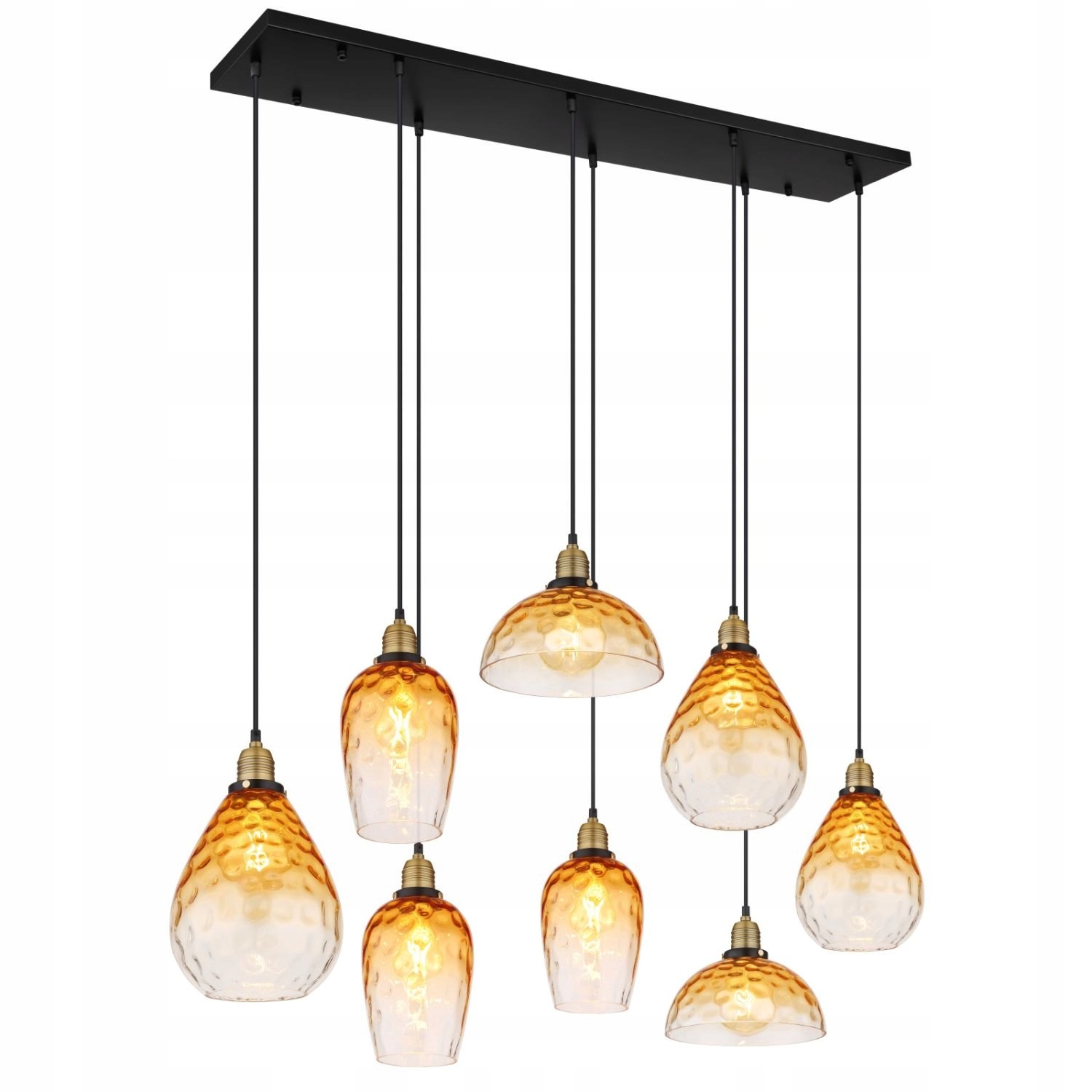 Veľká efektná závesná lampa s jantárovými sklenenými tienidlami do jedálne a kuchyne