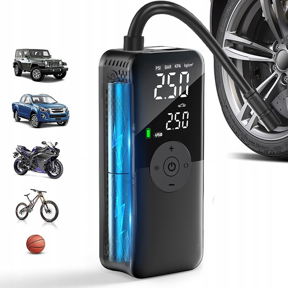 Kompresor Samochodowy Motocyklowy Pompka Bezprzewodowa Rower Powerbank Usb