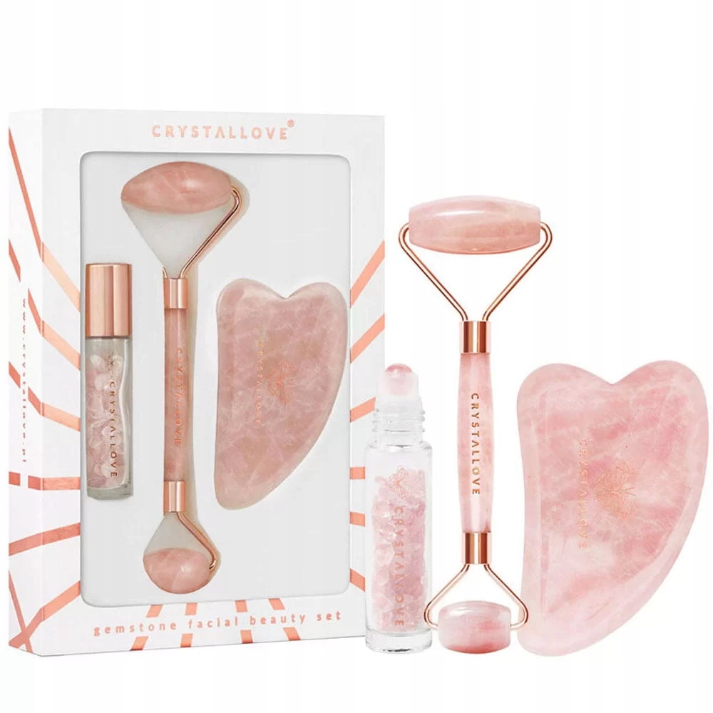 Crystallove Rose quartz beauty set roller na obličej destička gua sha bu