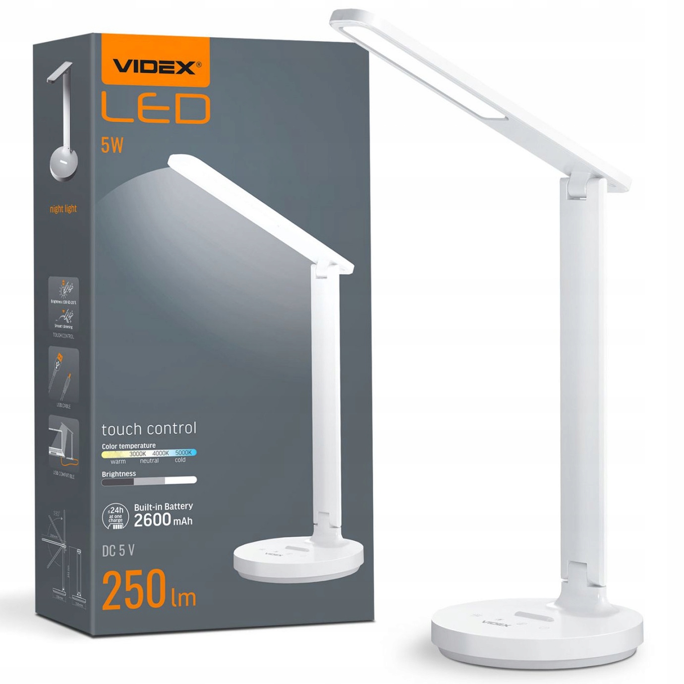 Lampka biurkowa nocna Videx Led 5W akumulator 2600mAh Biała Touch Control
