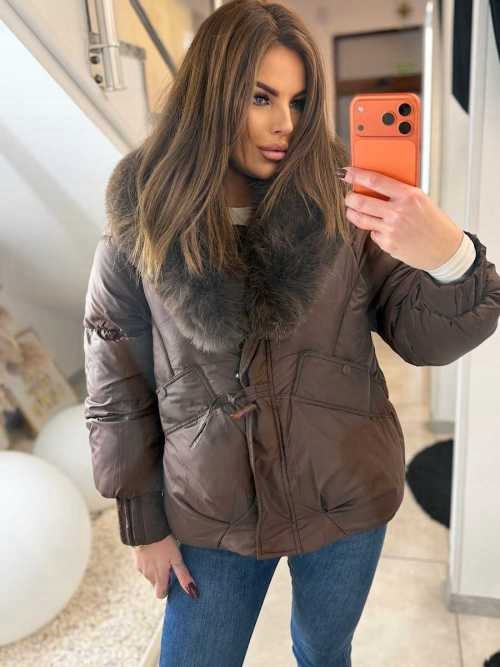 Dámská prošívaná zimní bunda Hnědá bez kapuce Kožíškový límec XL/XXL