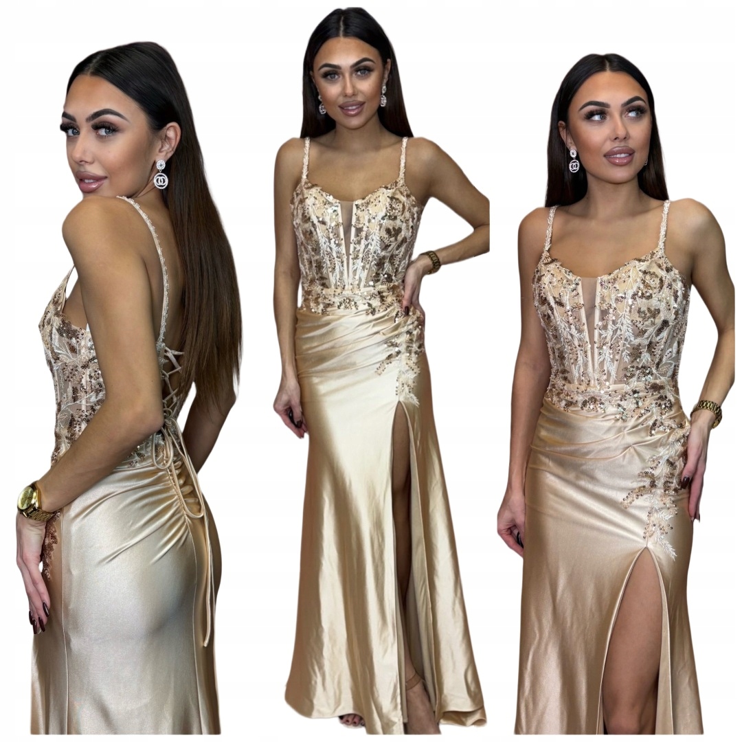 Chocolate Zlatá dlouhá saténová šaty s rozparkem na svatební hostina ples S