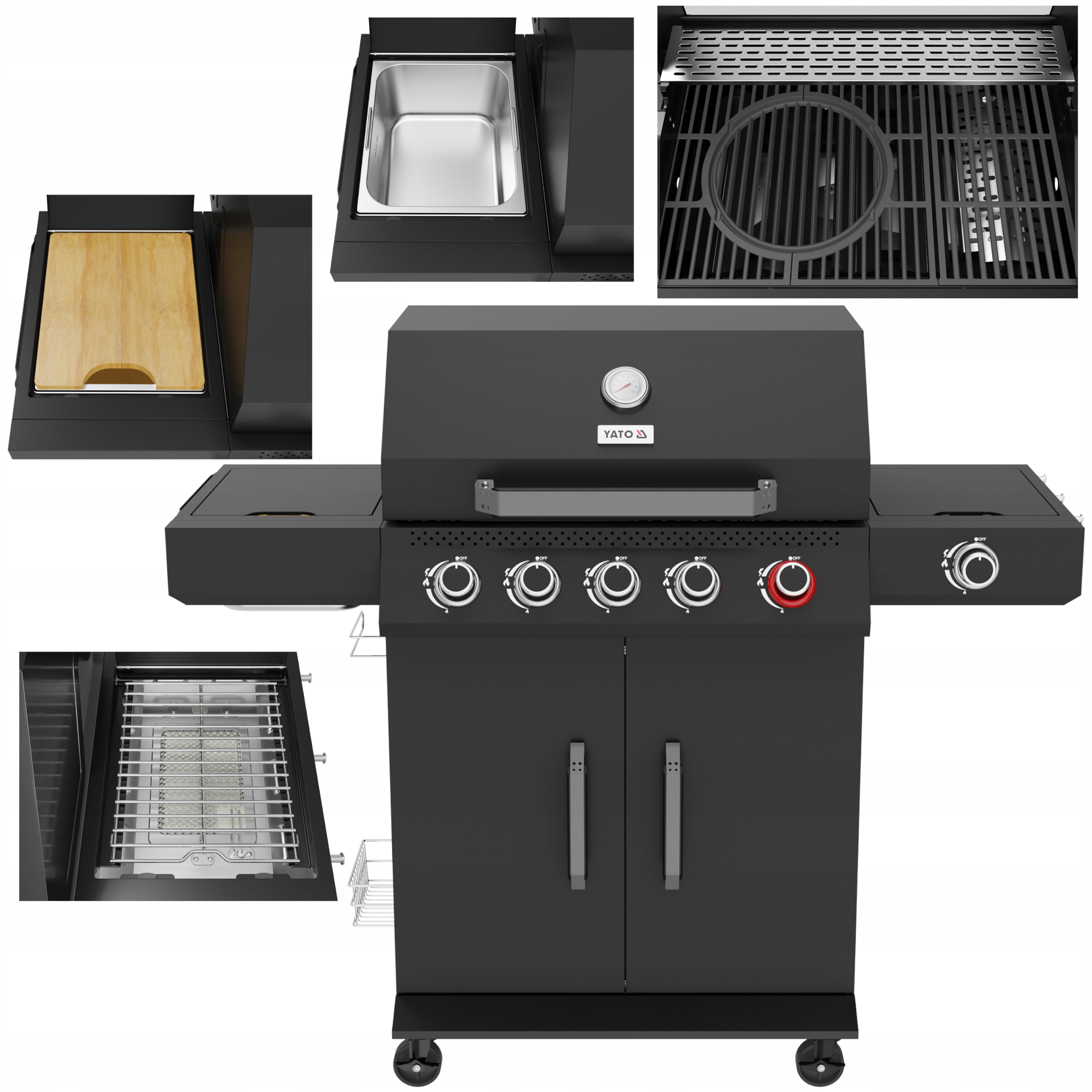 Grill Gazowy Ogrodowy 5+1 19,5KW Infrared 6 Palników Yato Żeliwny Ruszt