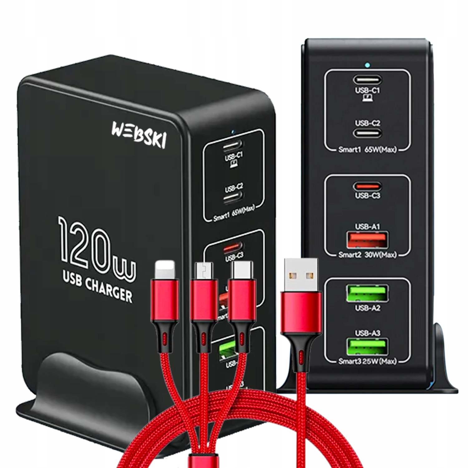 Silná síťová nabíječka Stolní nabíjecí stanice 120W 6xUSB Qc kabel 3v1