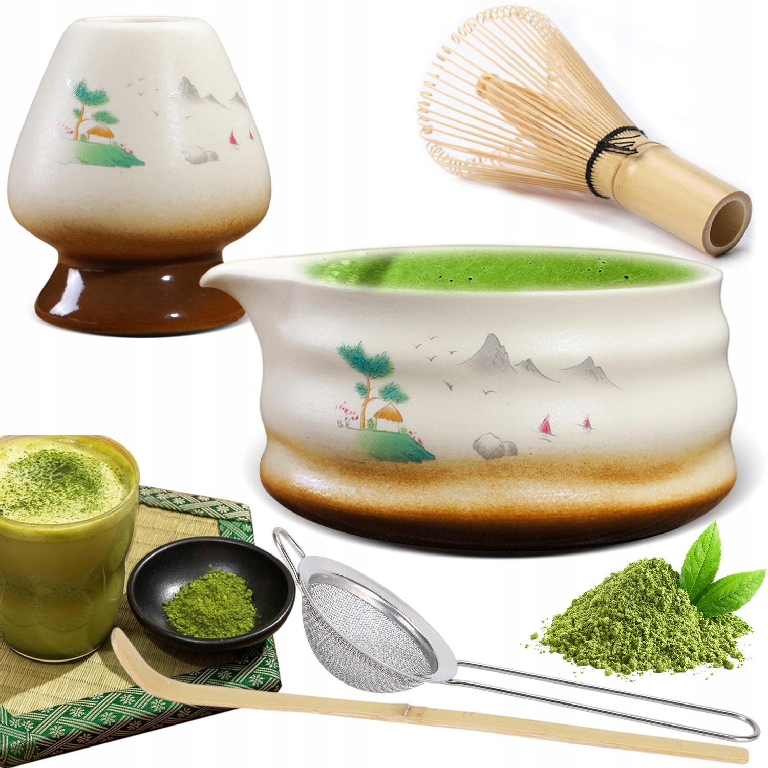 Levně Sada Na Přípravu Čaje Matcha: Metlička, Stojánek, Keramická Miska 5V1