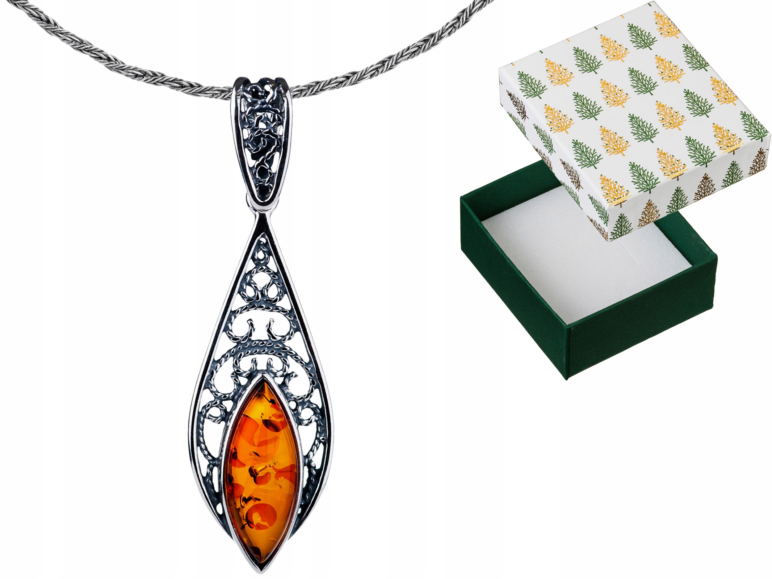 Stříbrný náhrdelník Ažurový přívěsek s jantarem Přívěsek Řetízek 45 cm